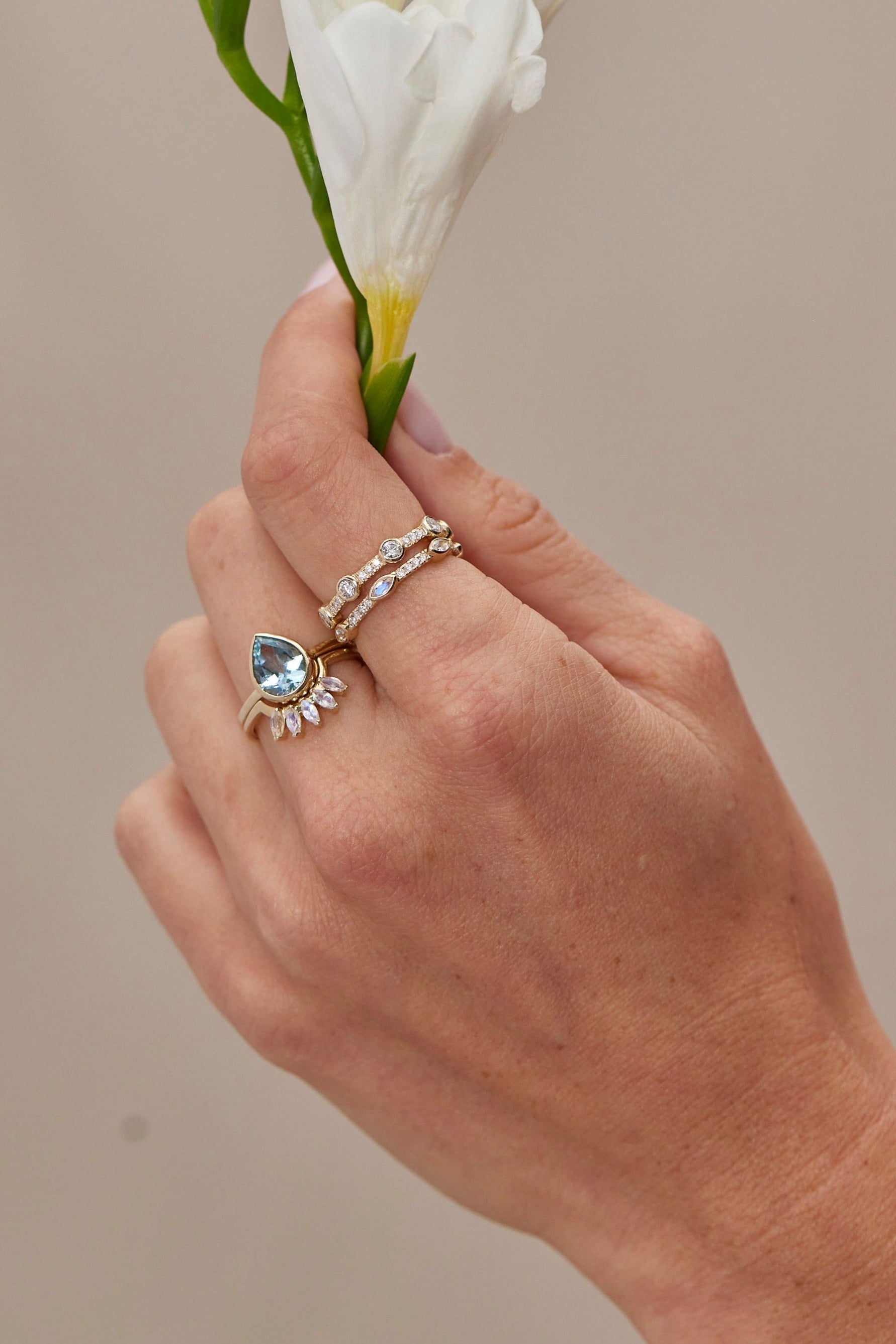 9K Yellow Gold Double Stack Aquamarine Halo Ring - Elegant Stackable Jewelry for Women, Perfect for Weddings, Anniversaries & Special Occasions