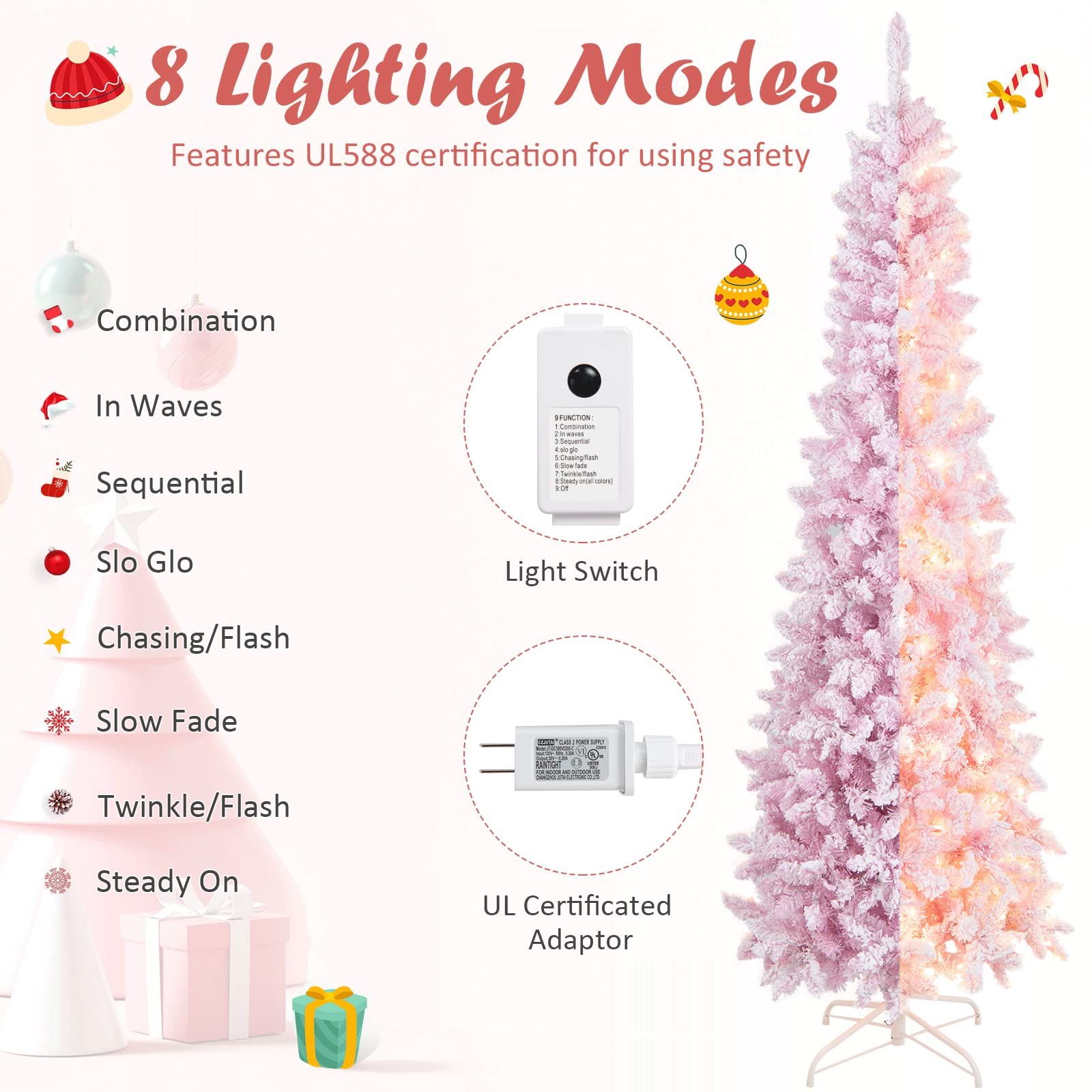 HAPPYGRILL 7FT Pre-Lit Pink Pencil Christmas Tree with Snow Flocked Artificial Slim Design - 800 Branch Tips & 300 LED Lights (8 Lighting Modes) - Perfect for Home, Office, and Holiday Decorations