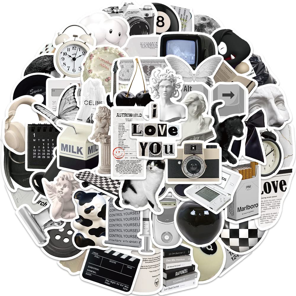 Vintage Aesthetic Stickers Pack - 61Pcs Retro Waterproof Vinyl Decals for Scrapbooking, Water Bottles, Laptops & Phones - Black and White Stickers for Girls (Black) | Perfect for DIY Crafts, Journaling & Personalizing Accessories