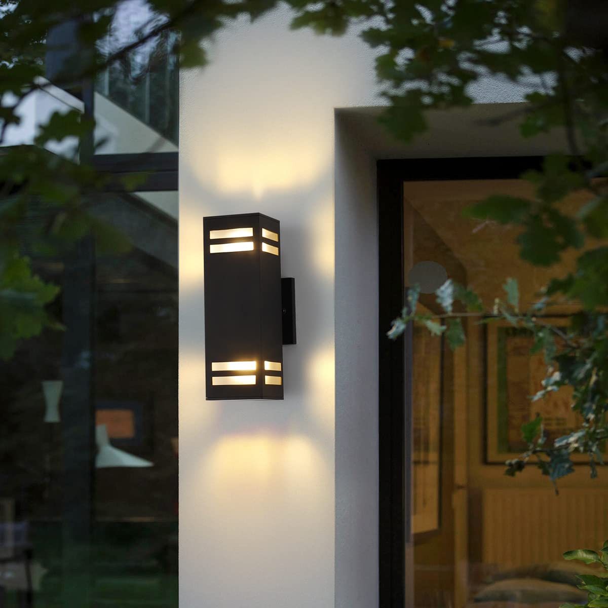Mirrea 12-Inch Modern Outdoor Porch Light - 2 Pack Matte Black Aluminum Wall Sconce with Tempered Glass, Waterproof Patio Lighting for Porch, Garden & Entryway