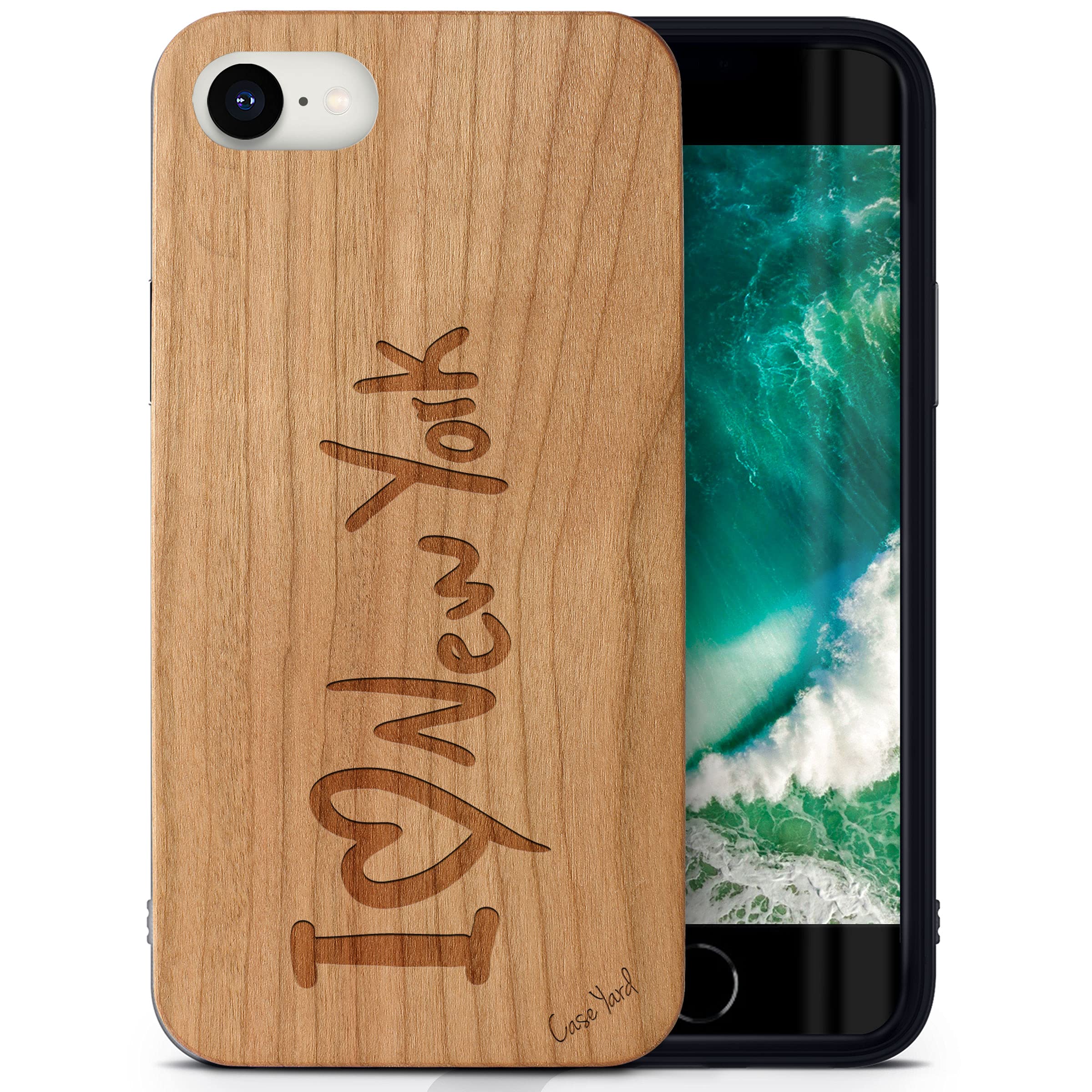 Premium Cherry Wood iPhone SE Case - Laser Engraved I Love NY Design | Slim Fit Shockproof Protective Cover for Men & Women | Perfect for Travel, Gifts & Everyday Use
