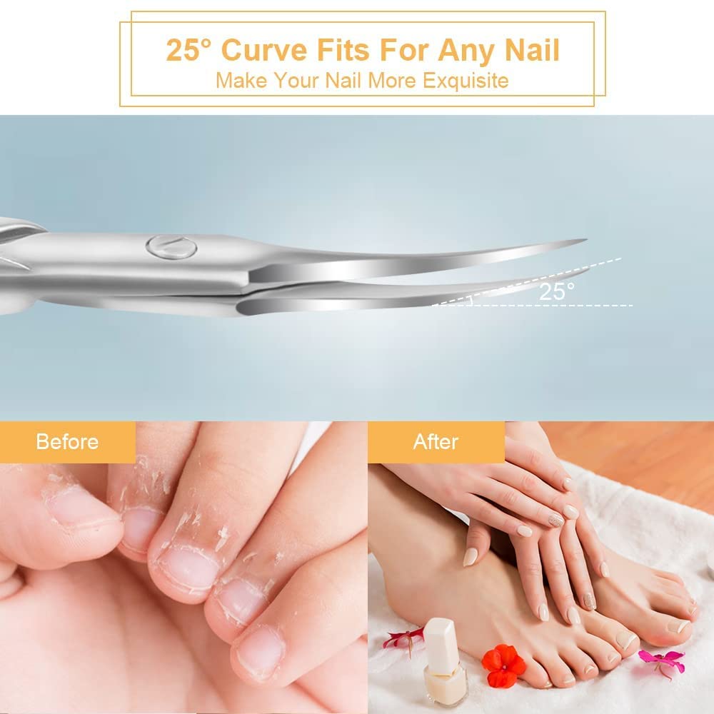 Professional Stainless Steel Cuticle & Manicure Scissors Kit - Sharp Curved Nail, Eyebrow, Mustache & Grooming Scissors for Dry Skin Care - Perfect for Home Salon, Travel & Professional Nail Grooming