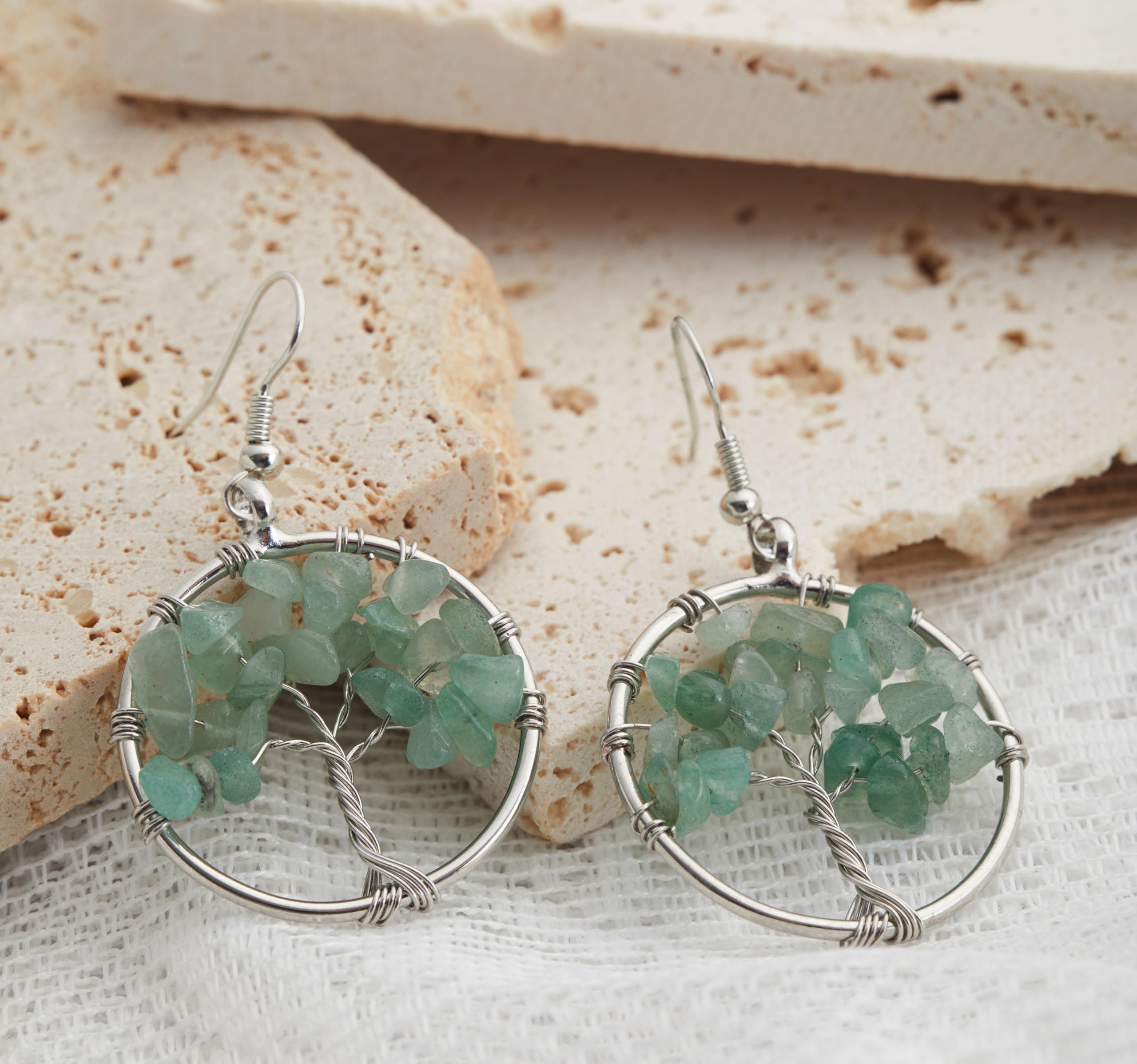 Tree of Life Hoop Earrings - Green Jade Dangle Drop Earrings for Women | Graduation Gift, Teacher Appreciation, Back to School Present | Boho Jewelry for Everyday Wear & Special Occasions