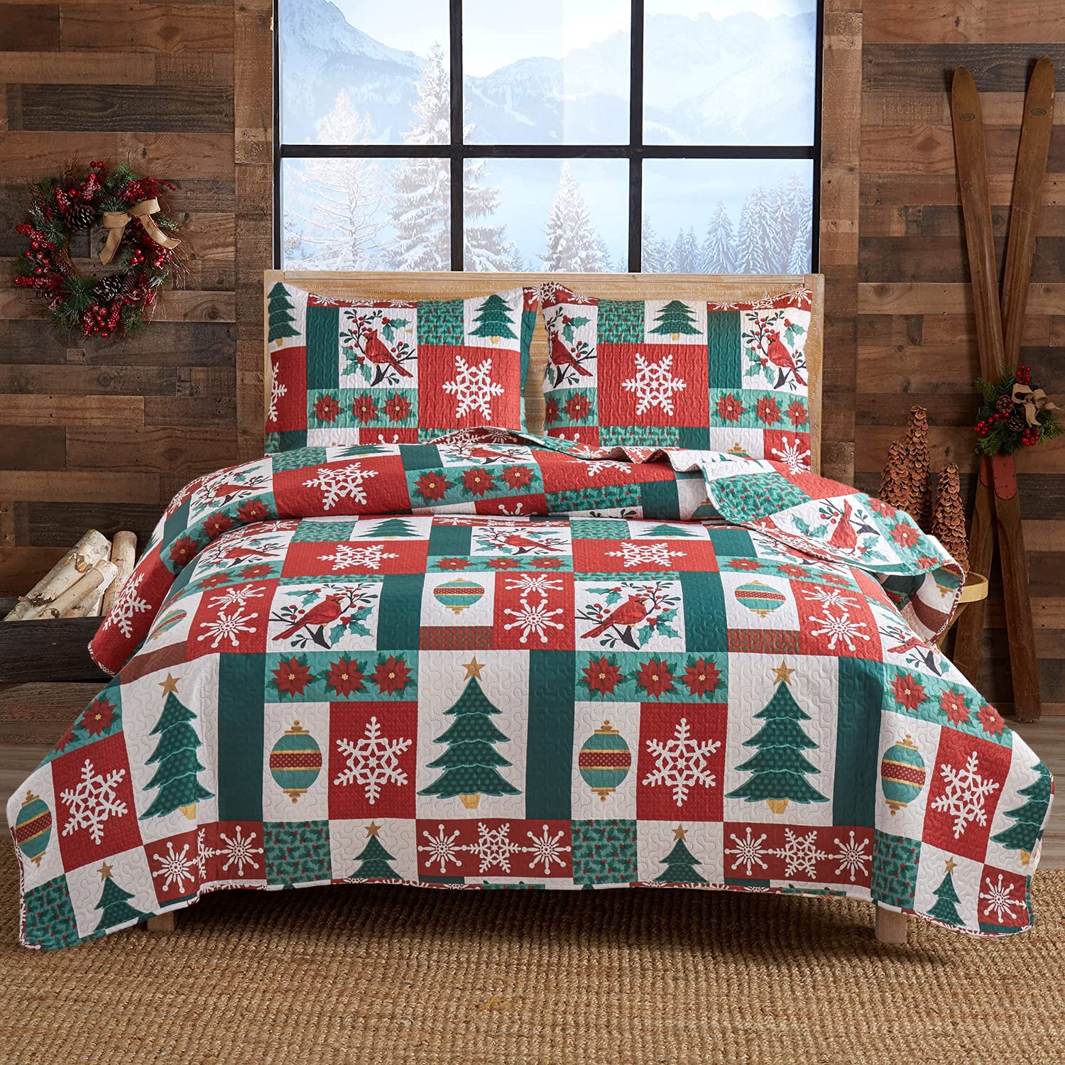 Christmas Quilt Set Twin Size 3-Piece Reversible Holiday Bedspread - Red and Green Plaid Xmas Bedding Coverlet for New Year Decor, Lightweight All Season Comforter for Bedroom, Guest Room & Dorm