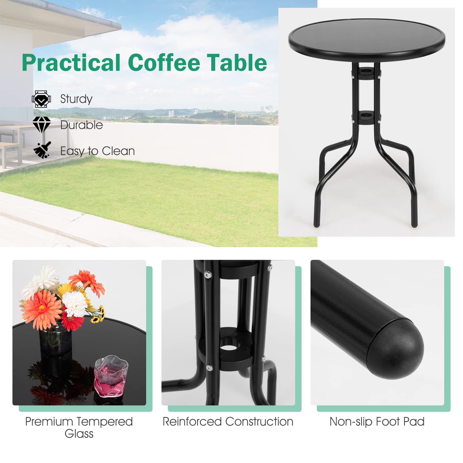 Tangkula 3-Piece Folding Patio Bistro Set - Outdoor Table & Chairs with Tempered Glass Top, Round Dining Set for Garden, Poolside, Backyard & Balcony | Perfect for Small Spaces, BBQs & Outdoor Entertaining