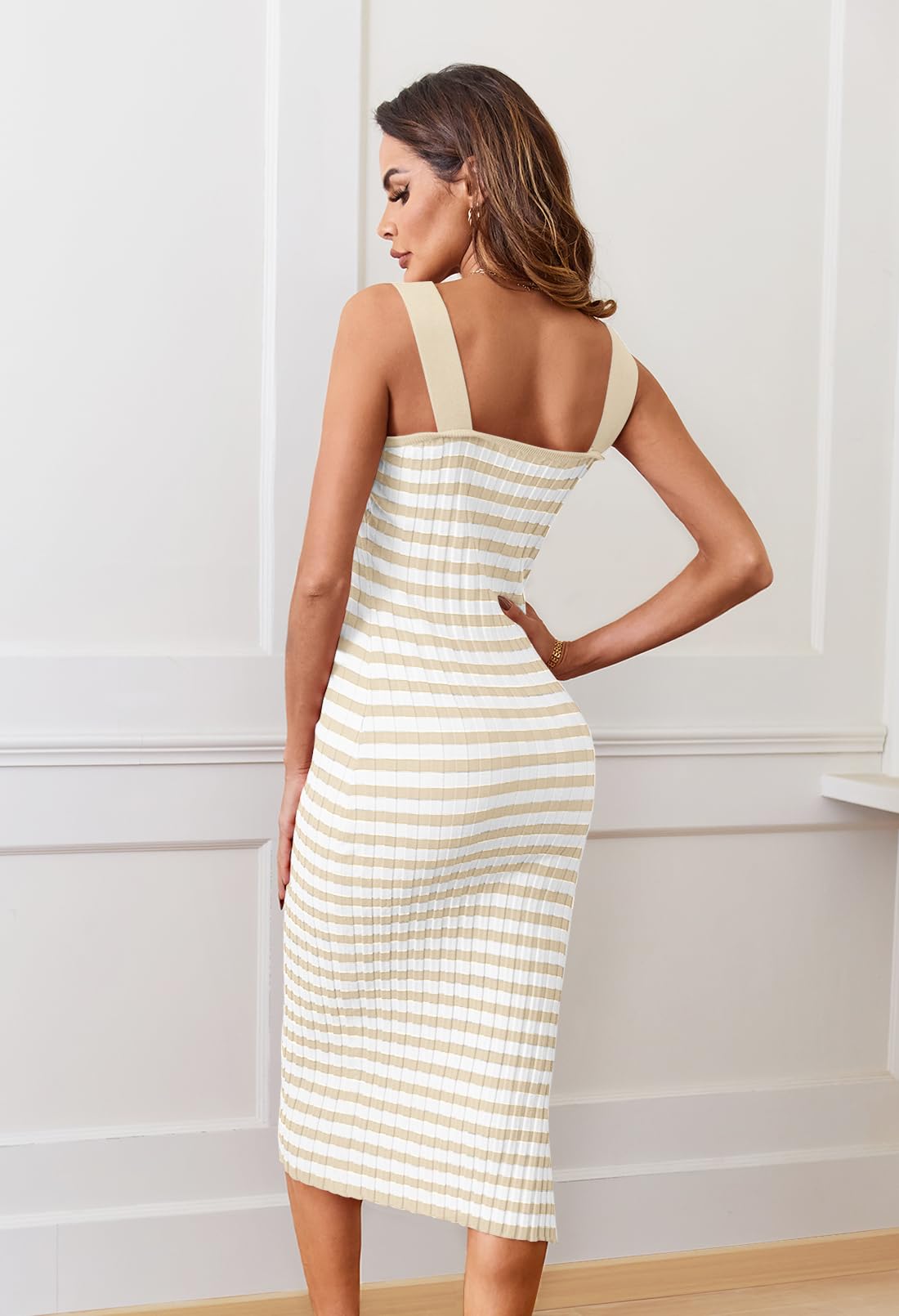 MEROKEETY Women's Ribbed Knit Bodycon Midi Dress - Sleeveless Striped Sweater Dress for Spring Summer 2025 | Perfect for Vacation, Party & Casual Wear