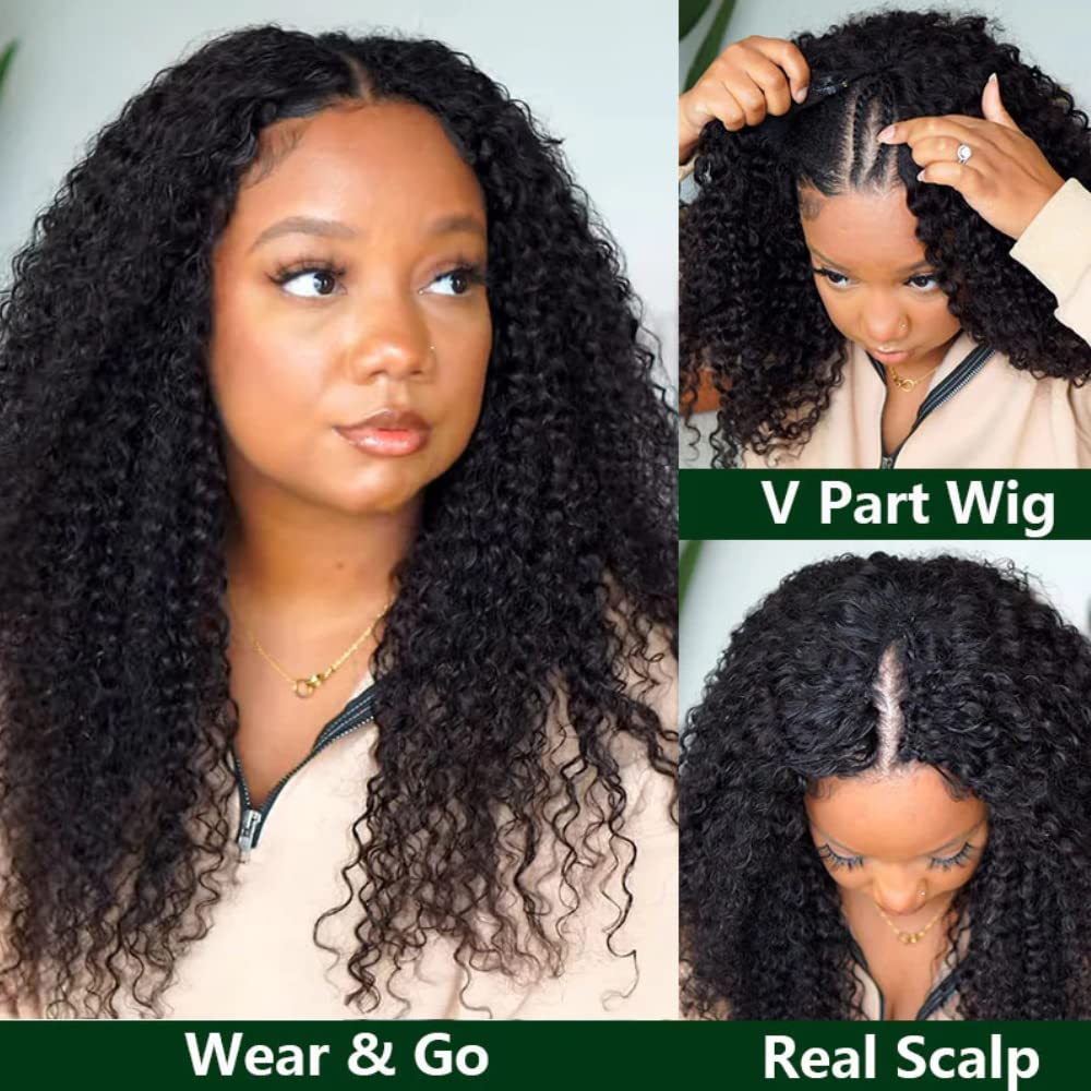 KLAIYI 4C Kinky Curly V Part Human Hair Wig | Glueless No Leave Out U Part Wig | Afro Curly Clip-in Half Wig | 150% Density 22 Inch Natural Black | Beginner Friendly | Perfect for Daily Wear, Special Occasions & Protective Styling