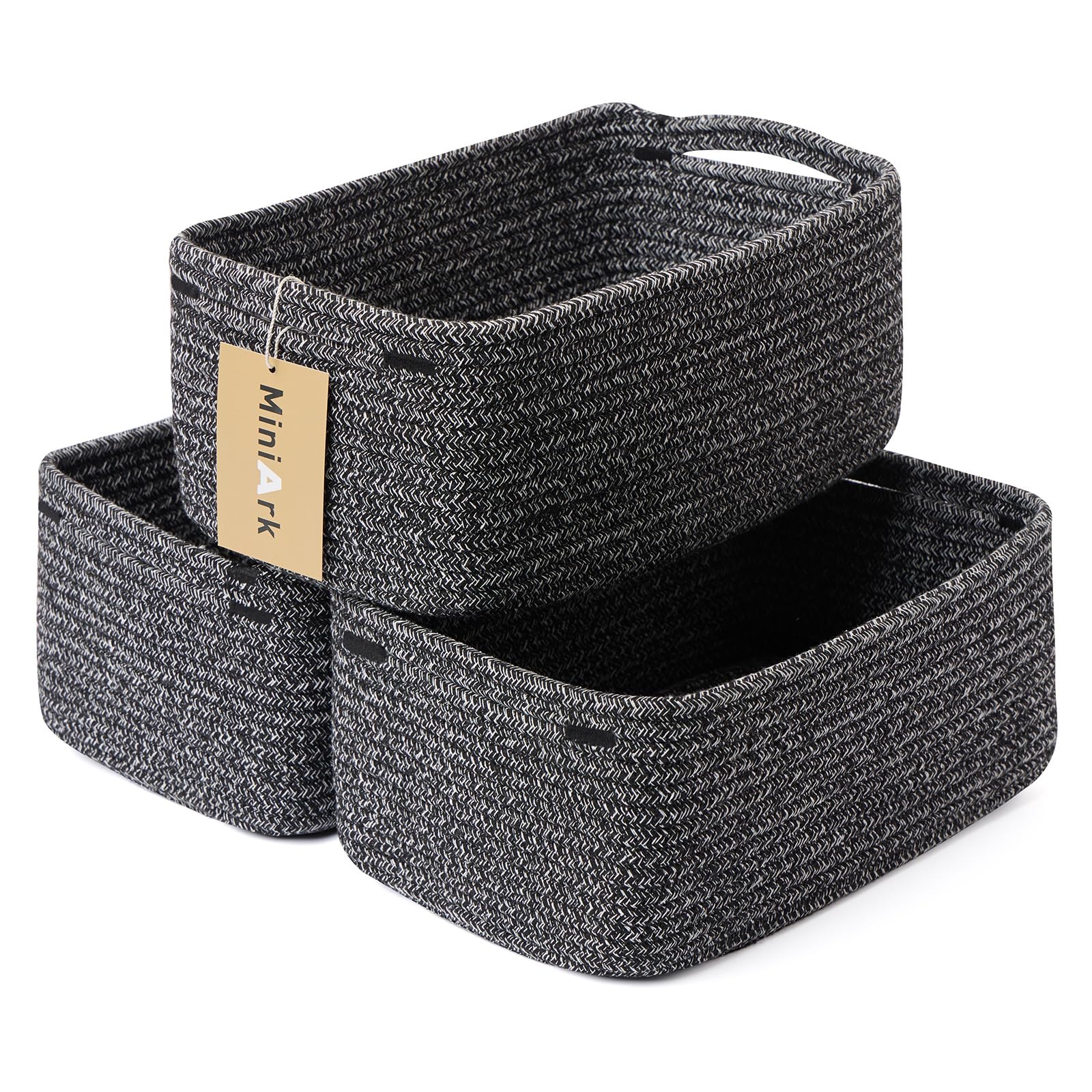 MiniArk Woven Rope Storage Baskets - 3 Pack Dark Gray Organizer Bins (13×8.5×5.1