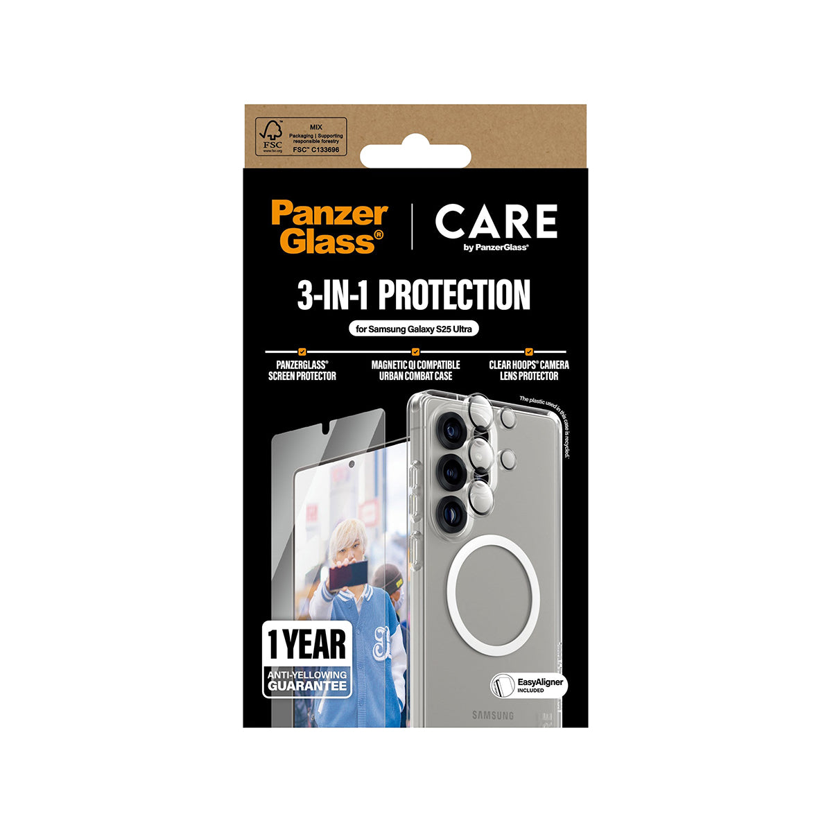 PanzerGlass CARE Flagship 3-in-1 Screen Protector Bundle for Samsung Galaxy S25 Ultra - Tempered Glass, Camera Lens Protector & Installation Kit - Perfect for Work, Travel & Everyday Protection