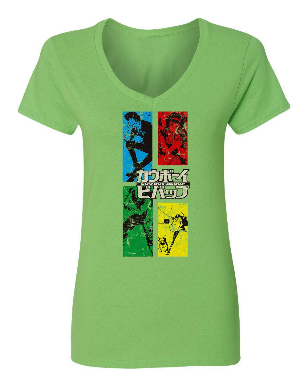 RIVEBELLA Women's Anime Graphic V-Neck T-Shirt - Stylish Manga Crew Novelty Tee with Bebop Design | Perfect for Cosplay, Casual Wear & Anime Fan Gifts