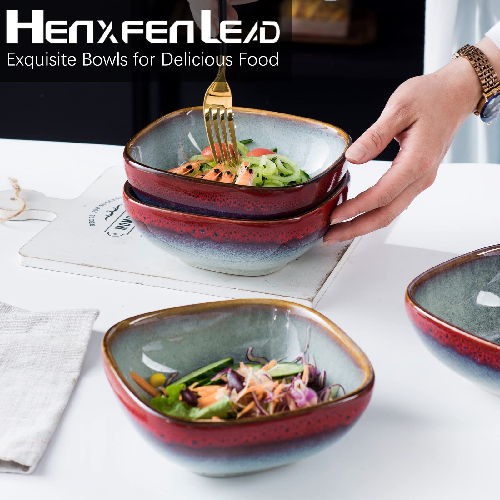 HENXFEN 22 Oz Square Ceramic Bowls Set of 4 - Microwave & Dishwasher Safe Serving Bowls for Cereal, Soup, Salad, Oatmeal, Fruit - Perfect for Breakfast, Dining, Entertaining - Reactive Red