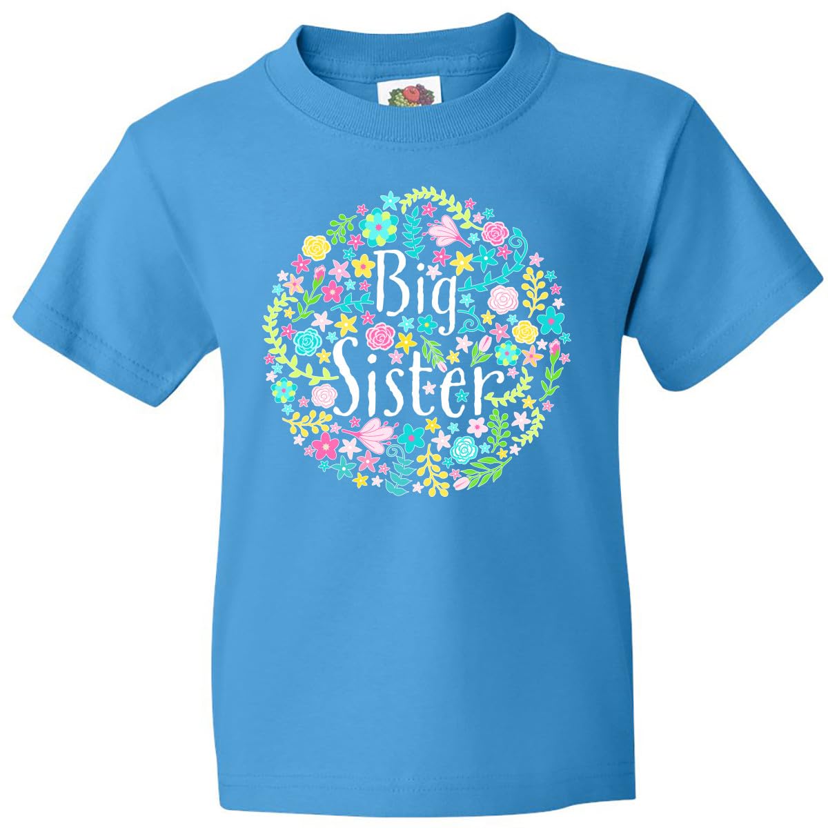 Inktastic Big Sister with Flower Circle Youth T-Shirt - Cute Floral Design Sibling Gift for Girls - Perfect for Birthdays, Family Reunions & Sister Apparel
