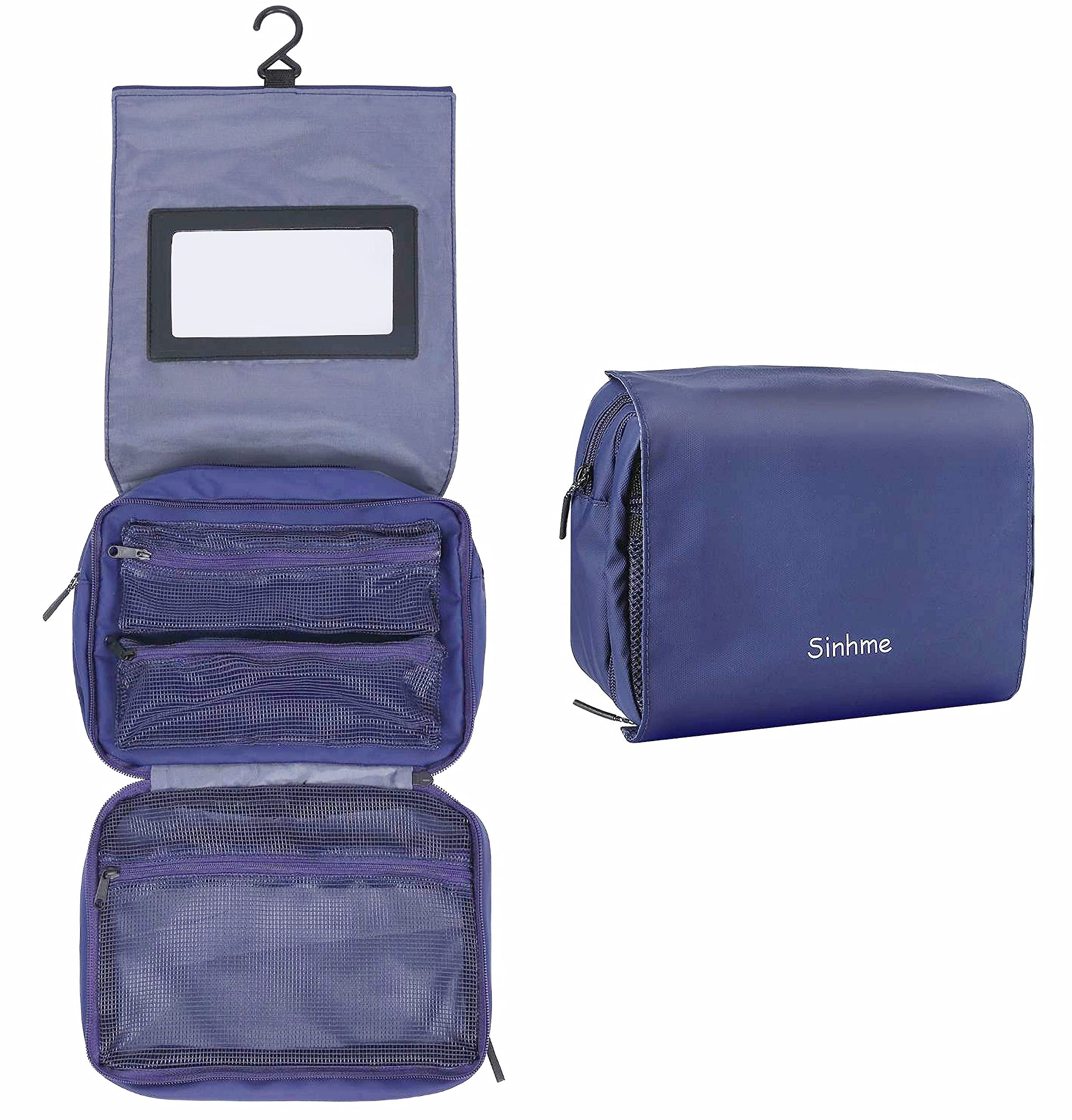 Waterproof Hanging Travel Toiletry Bag with Mirror & Brush Organizer - Portable Shower Dopp Kit for Cosmetic & Makeup Storage - Ideal for Camping, Gym, Business Trips & Vacation (Blue)