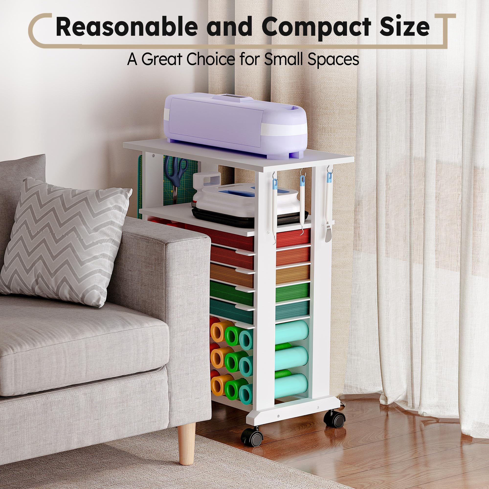 Cricut Compatible Craft Organizers and Storage - Rolling Cart with 29 Vinyl Roll Holders, Craft Table Organizer for Craft Room & Workstation - Compact & Removable Design - Perfect for DIY Projects, Scrapbooking & Home Office Organization
