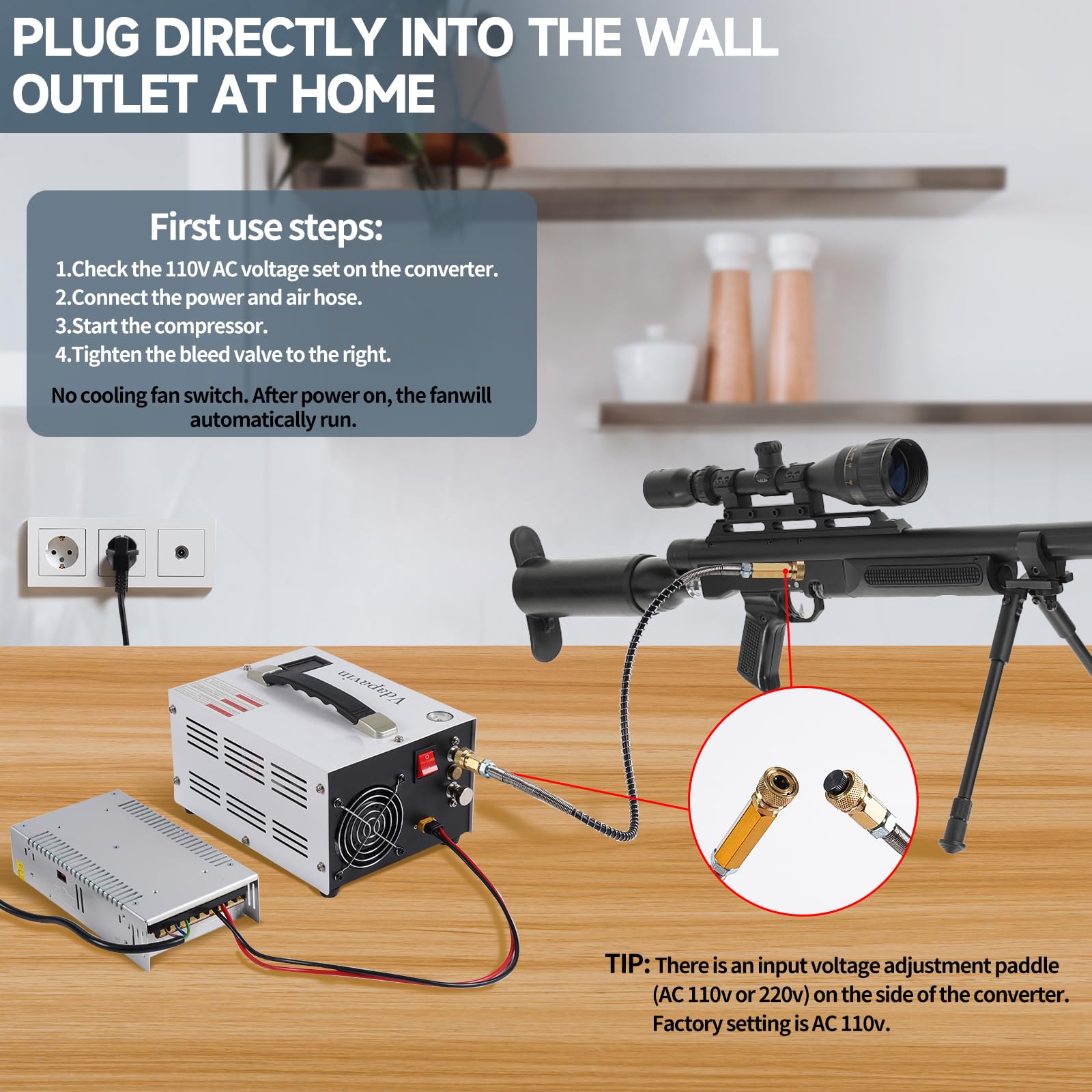 4500Psi 30Mpa Portable PCP Air Compressor - Oil-Free 12V DC/110V AC Airgun Pump for Paintball, Scuba Tanks & Air Rifles | Manual-Stop Design with External Converter | Perfect for Outdoor Shooting, Diving & Hunting