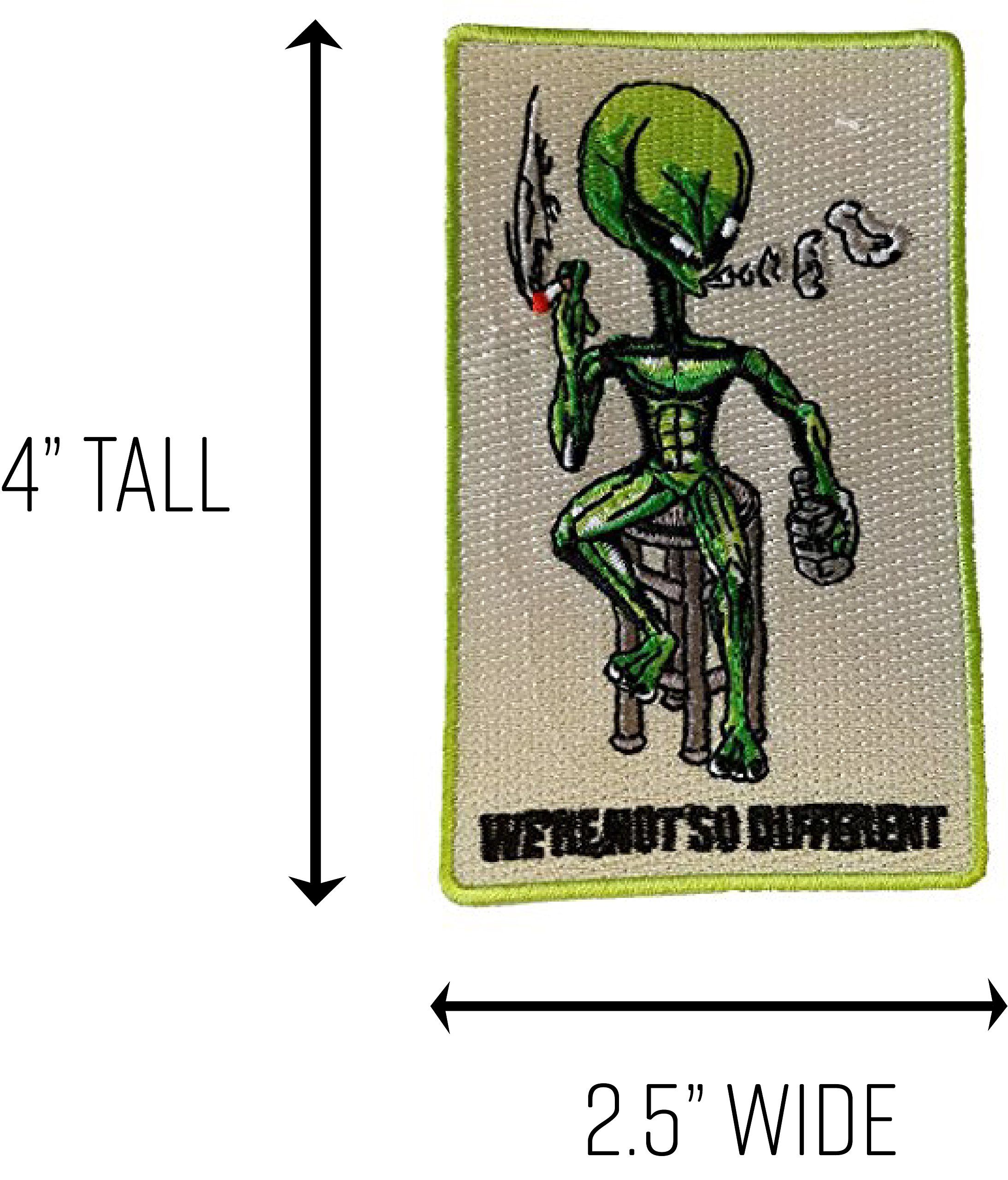 Alien on Barstool Iron On Patch - 'We're Not So Different' Novelty Applique for DIY Clothing, Jackets, Bags & Costumes