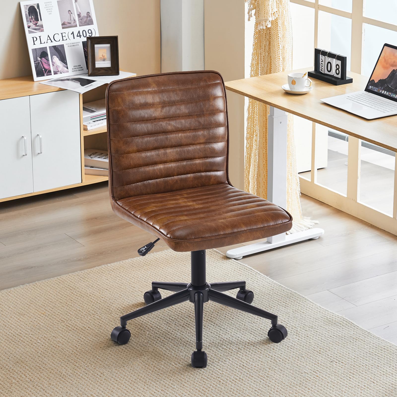 Ergonomic Armless Office Desk Chair - Faux Leather Upholstered Mid-Back Task Chair with 360° Swivel & Height Adjustment - Perfect for Home Office, Study Room & Teen Workspace (Dust Yellow)