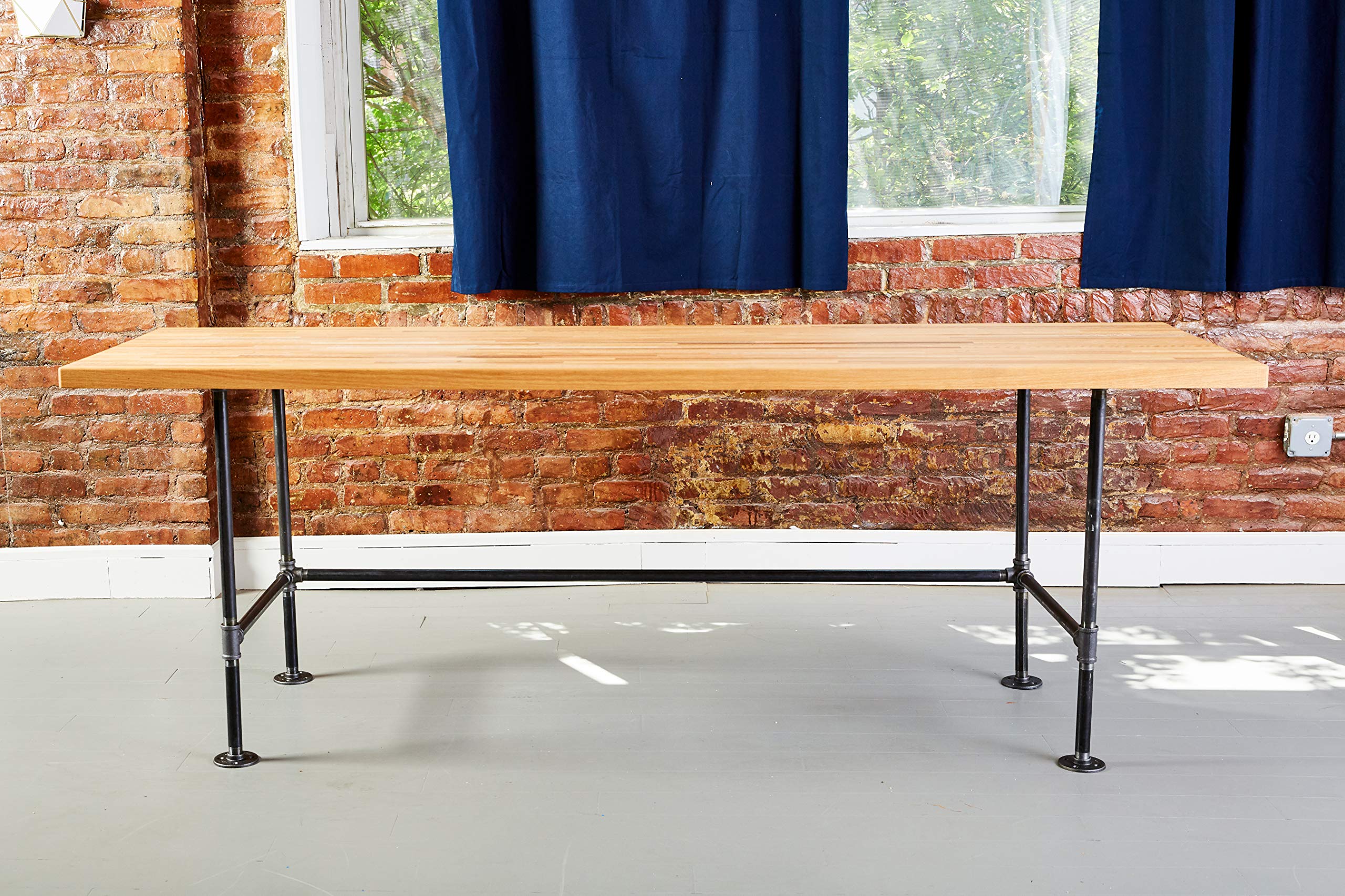Industrial Black Pipe Desk with Solid Wood Butcher Block Top - Modern Home Office & Study Writing Table for Small Spaces