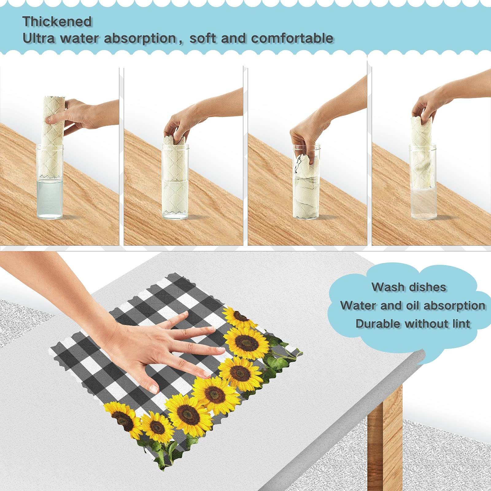 Buffalo Check Dishcloths 6-Pack - Black White Sunflower - Reusable Kitchen Towels for Dishes & Cleaning