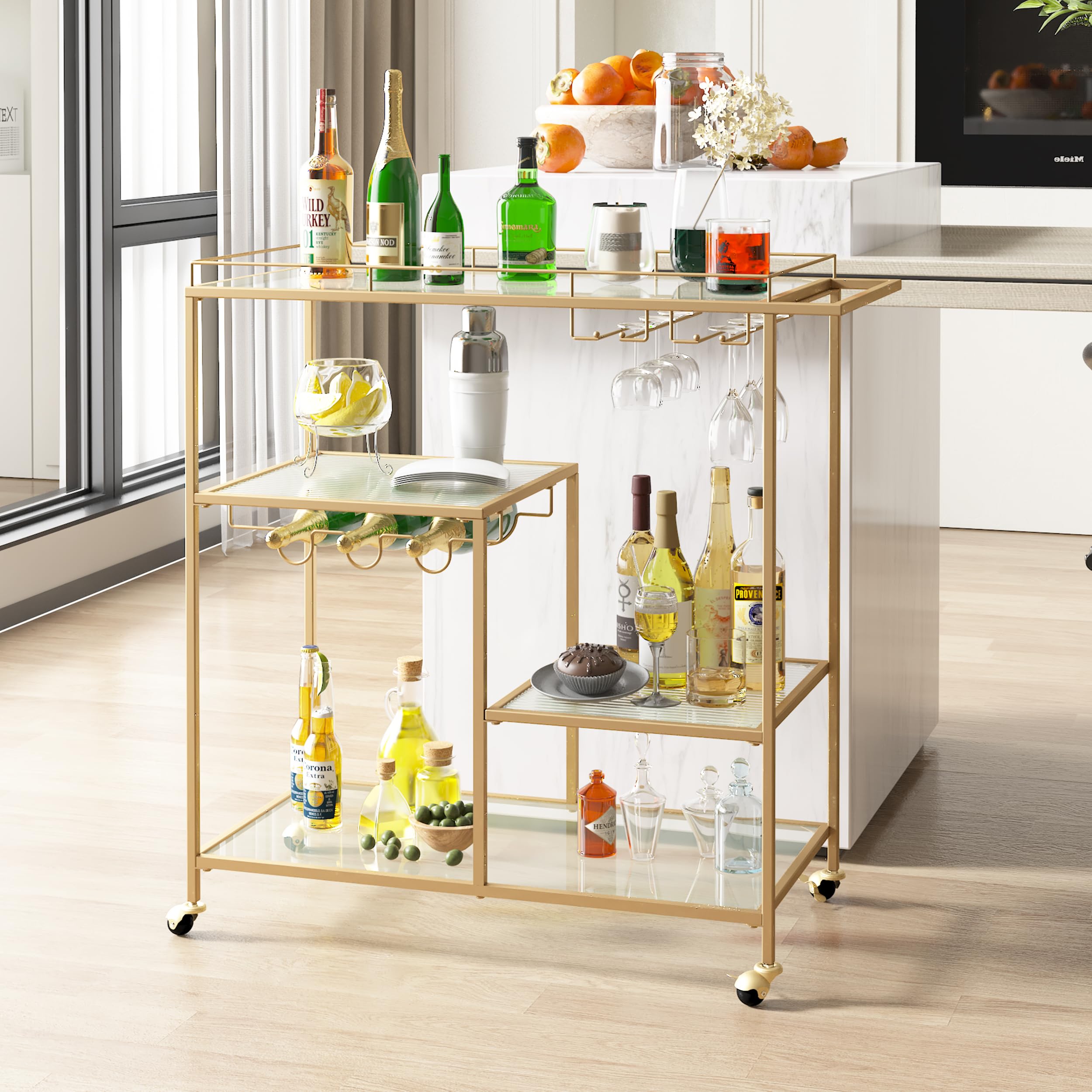 Gold Serving Bar Cart for Living Room - Home Island Mini Bar with Wine Glass Storage Shelf | Perfect for Entertaining, Cocktail Parties & Small Space Decor