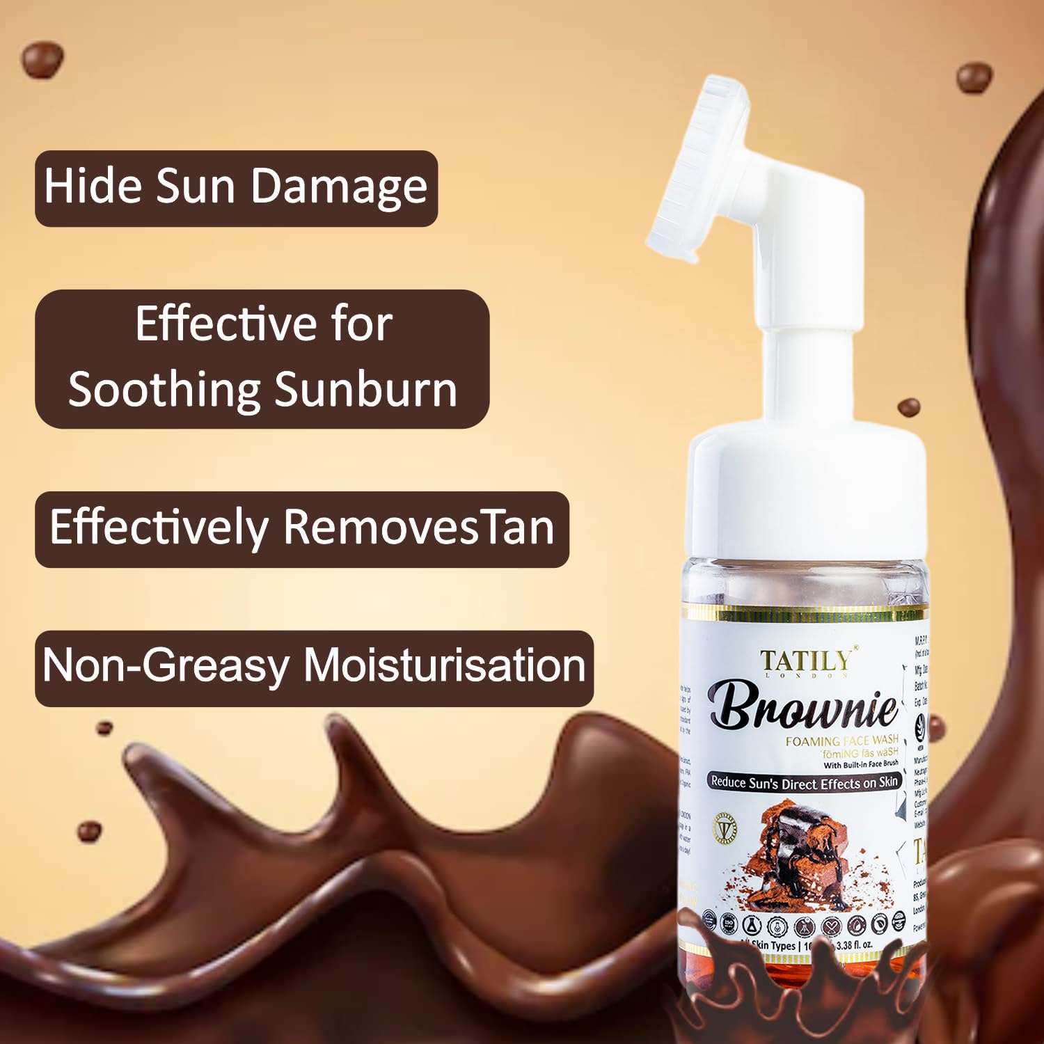Tatily London Brownie Foaming Face Wash with Built-In Face Brush for Men & Women | Hydrating & Exfoliating Facial Cleanser | Smooth & Glowing Skin Care | 100ml | Perfect for Daily Skincare Routine & Travel