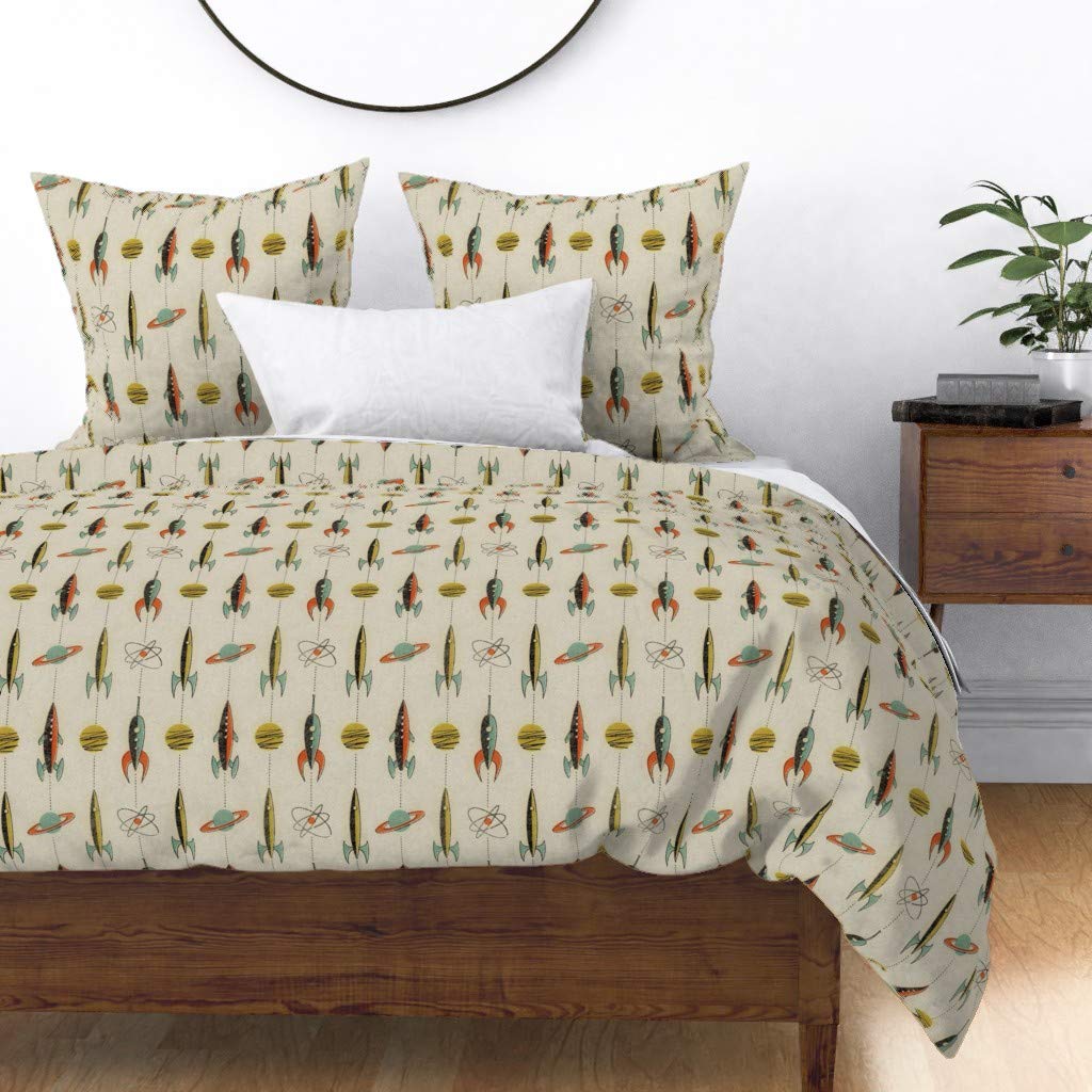 Custom Retro Rocket Space Planet Duvet Cover - Twin Size Cotton Sateen Bedding | Mid Century Modern Vintage Nursery Decor | Galaxy Spaceship Print for Kids Room & Space Themed Bedroom