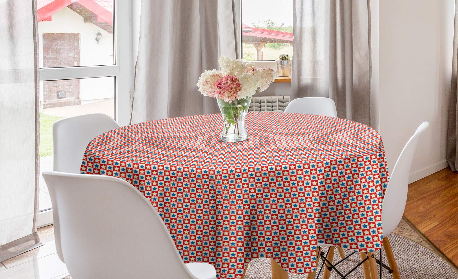 Lunarable Striped Round Tablecloth - Checkered Square Pattern Stars American Flag Themed Patriotic Design - 60 Inch Circle Table Cover for Dining Room Kitchen Decor in Vermilion Blue Yellow - Perfect for 4th of July Parties, Memorial Day Celebrations & Patriotic Home Decor