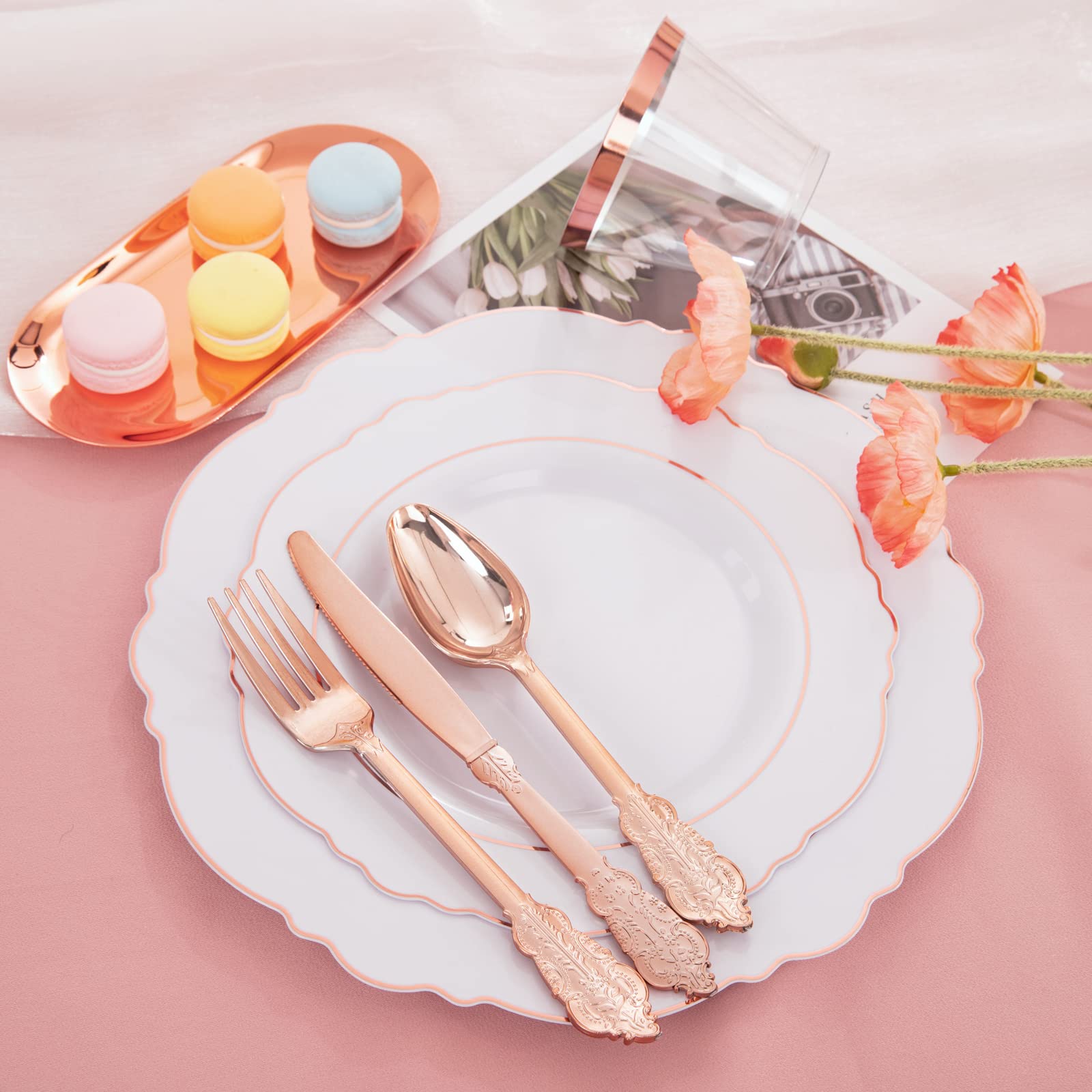 350-Piece Disposable Rose Gold Plastic Dinnerware Set - Elegant Baroque Design with 100 Plates, 50 Pre-Rolled Napkins & 50 Cups | Perfect for Weddings, Parties, Bridal Showers & Elegant Events