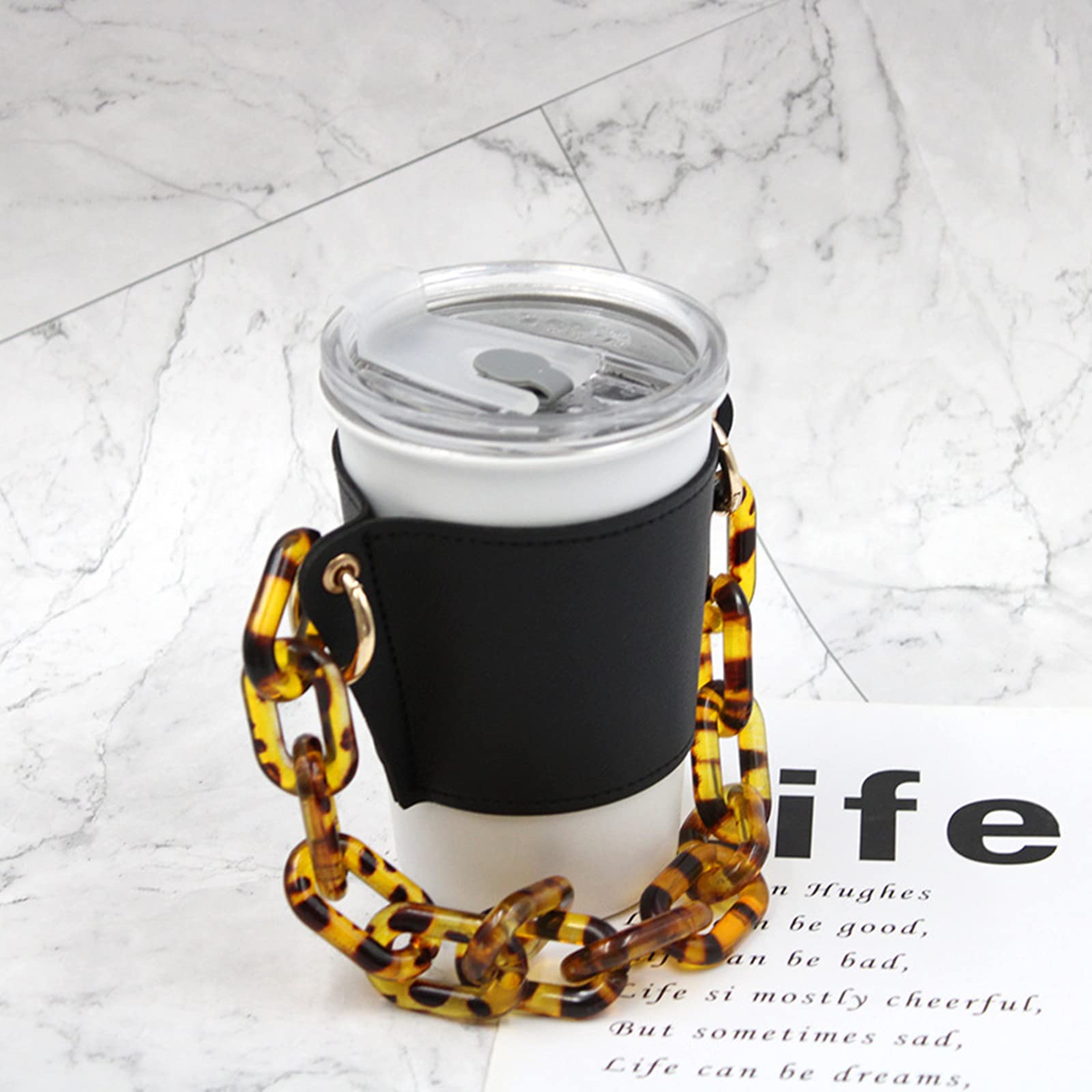 Premium Leather Coffee Cup Sleeve with Detachable Metal Chain - Reusable Insulated Travel Mug Holder for Hot/Cold Drinks - Perfect for Commuting, Office Use & Outdoor Activities (Black)