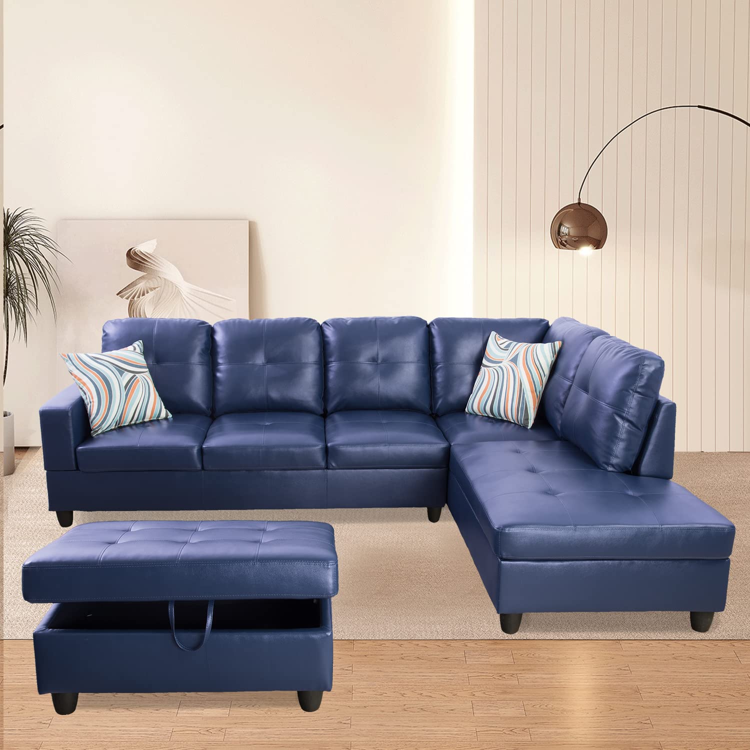Modern L-Shaped Sectional Sofa Set for Living Room - Right Hand Facing Blue Multi-Piece Furniture | Home Decor, Lounge & Family Room Comfort | Ponliving Furniture Inc.
