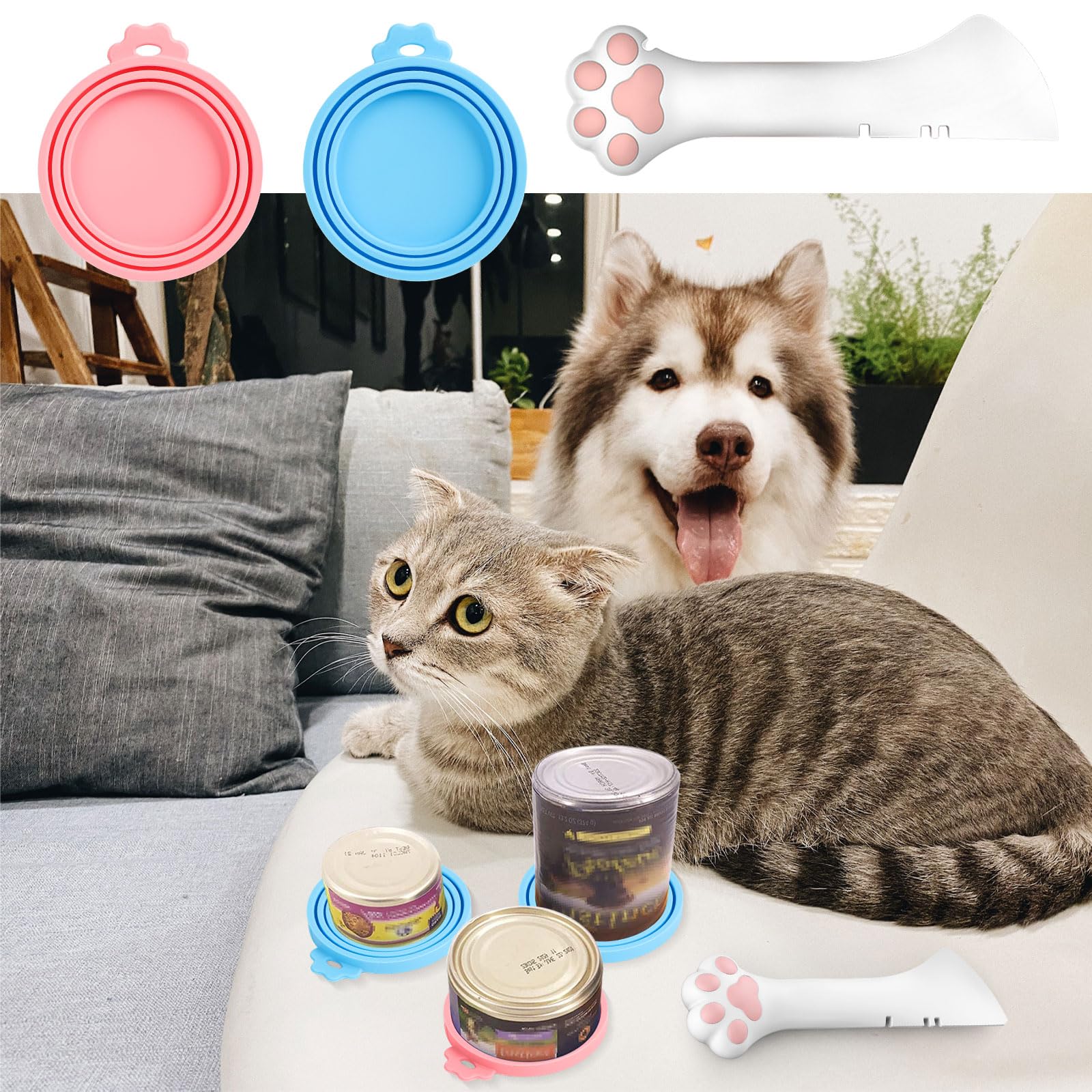 KUIING 3PCS Silicone Pet Food Can Covers with Spoon - for Cat Dog Feeding Jars (Pink Blue) - Keep Food Fresh