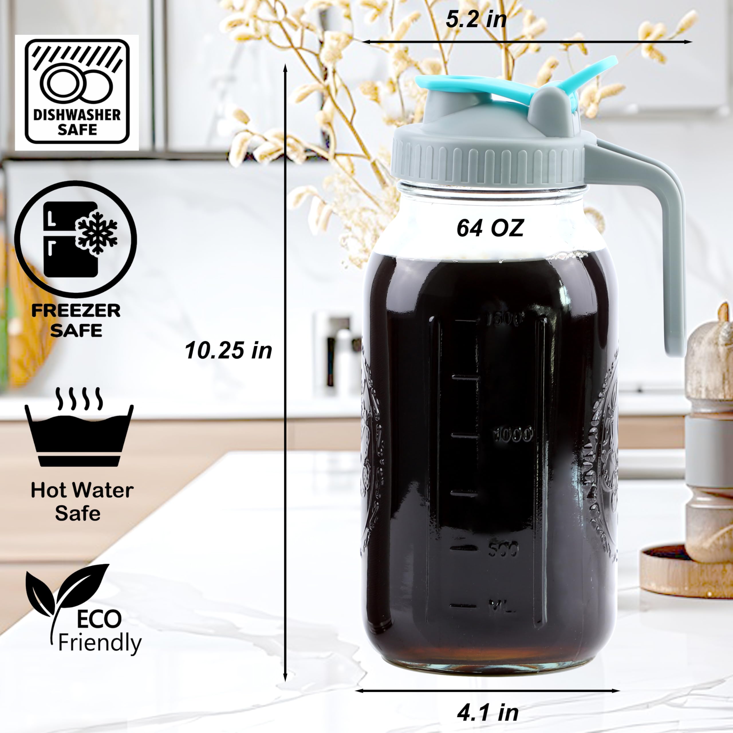 64 Oz Cold Brew Coffee Maker Set - Wide Mouth Mason Jar Glass Pitcher with Strainer & Spout Lids (Half Gallon/2 Quart) - Perfect for Iced Coffee, Lemonade, Milk Storage & Refrigerator Use - Ideal for Home, Office & Outdoor Activities