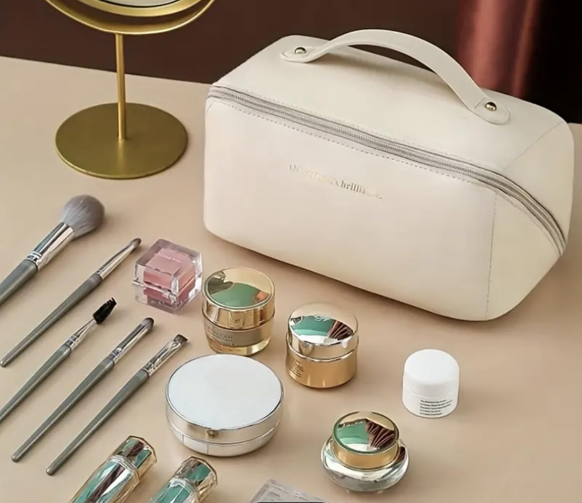 White Multifunctional Travel Cosmetic Bag - Waterproof Makeup Organizer with Zipper for Toiletries, Makeup Brushes & Accessories | Perfect for Travel, Gym, Home Storage & Daily Use