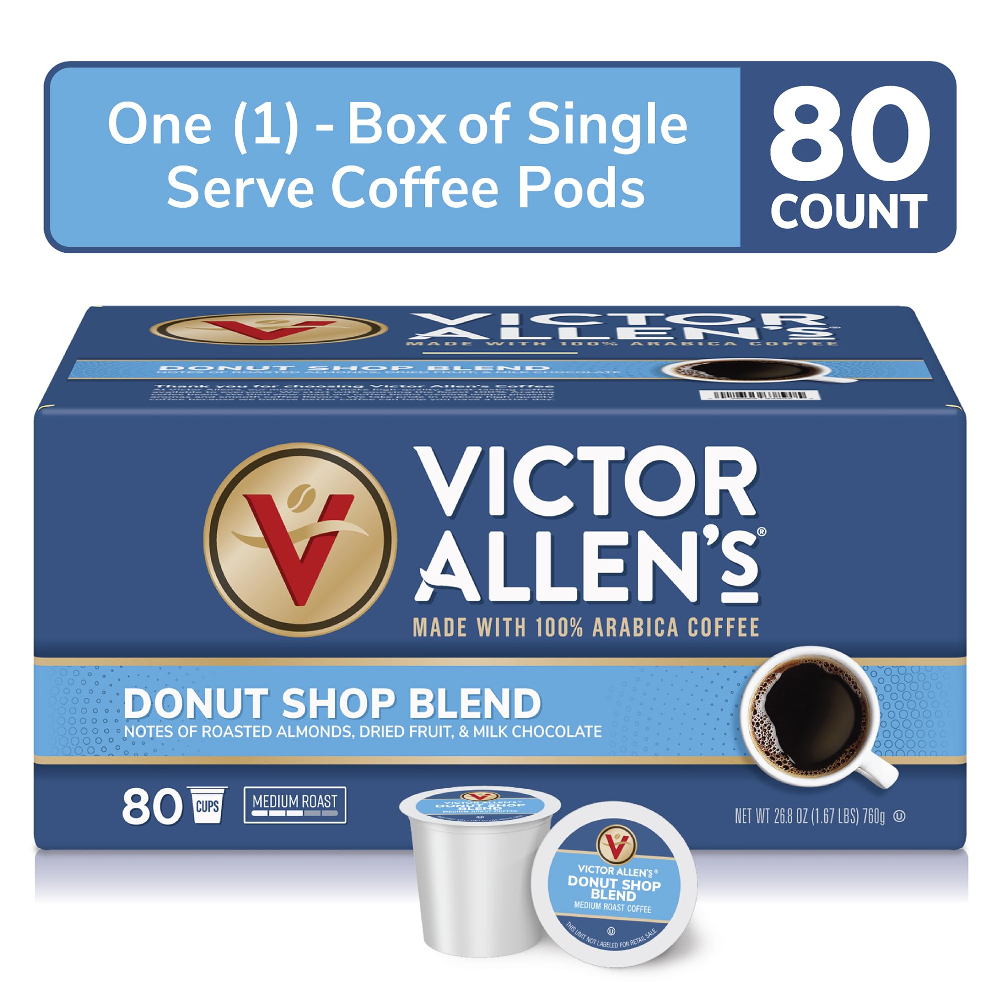 Victor Allen's Coffee Donut Shop Blend Medium Roast - 80 Single Serve Coffee Pods Compatible with Keurig K-Cup Brewers | Perfect for Home, Office & Breakfast Time
