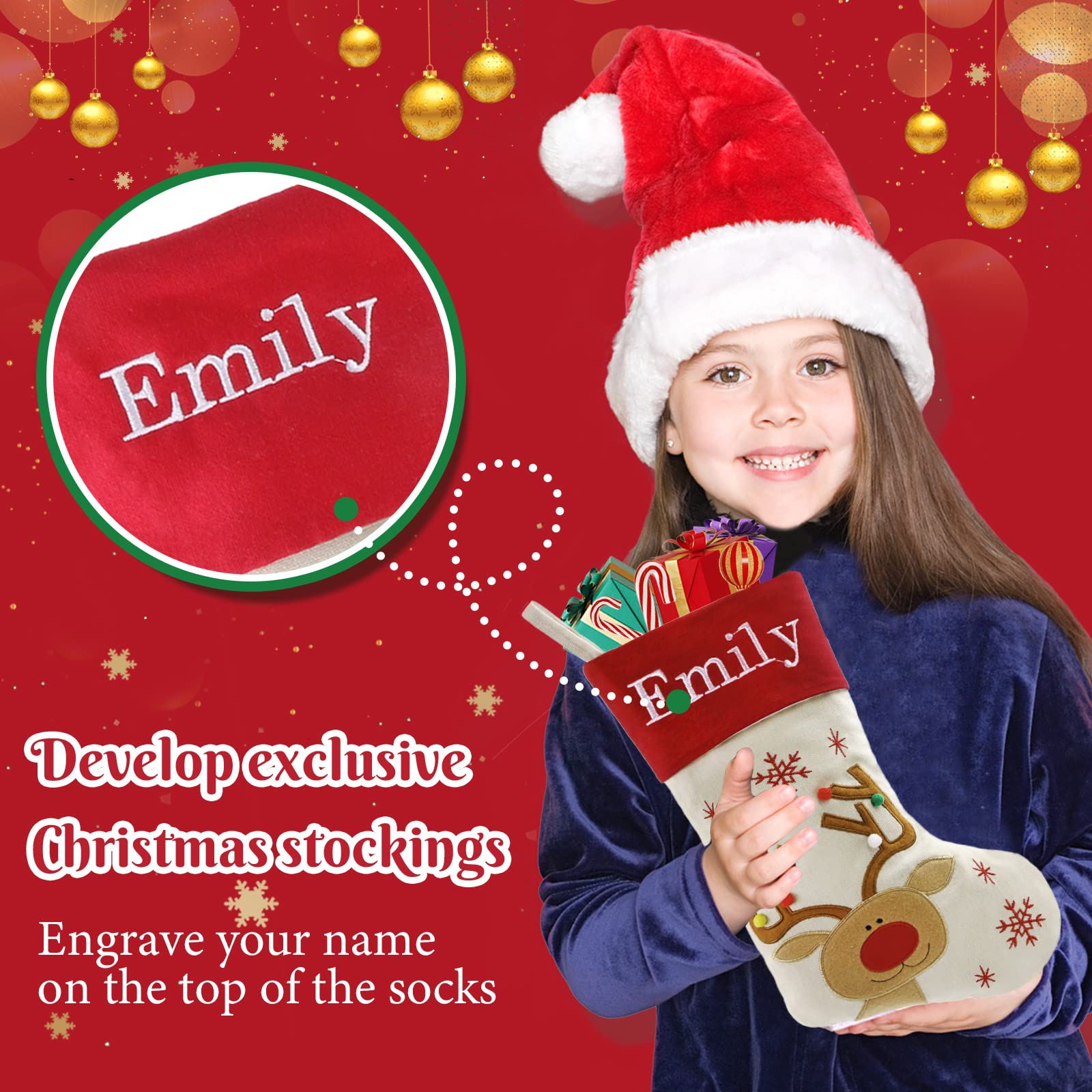 WEWILL Express 18'' Personalized Christmas Stockings with Elk Embroidery - Custom Holiday Gifts for Family & Kids | Perfect for Fireplace Decor, Christmas Tree Hanging & Festive Home Decoration