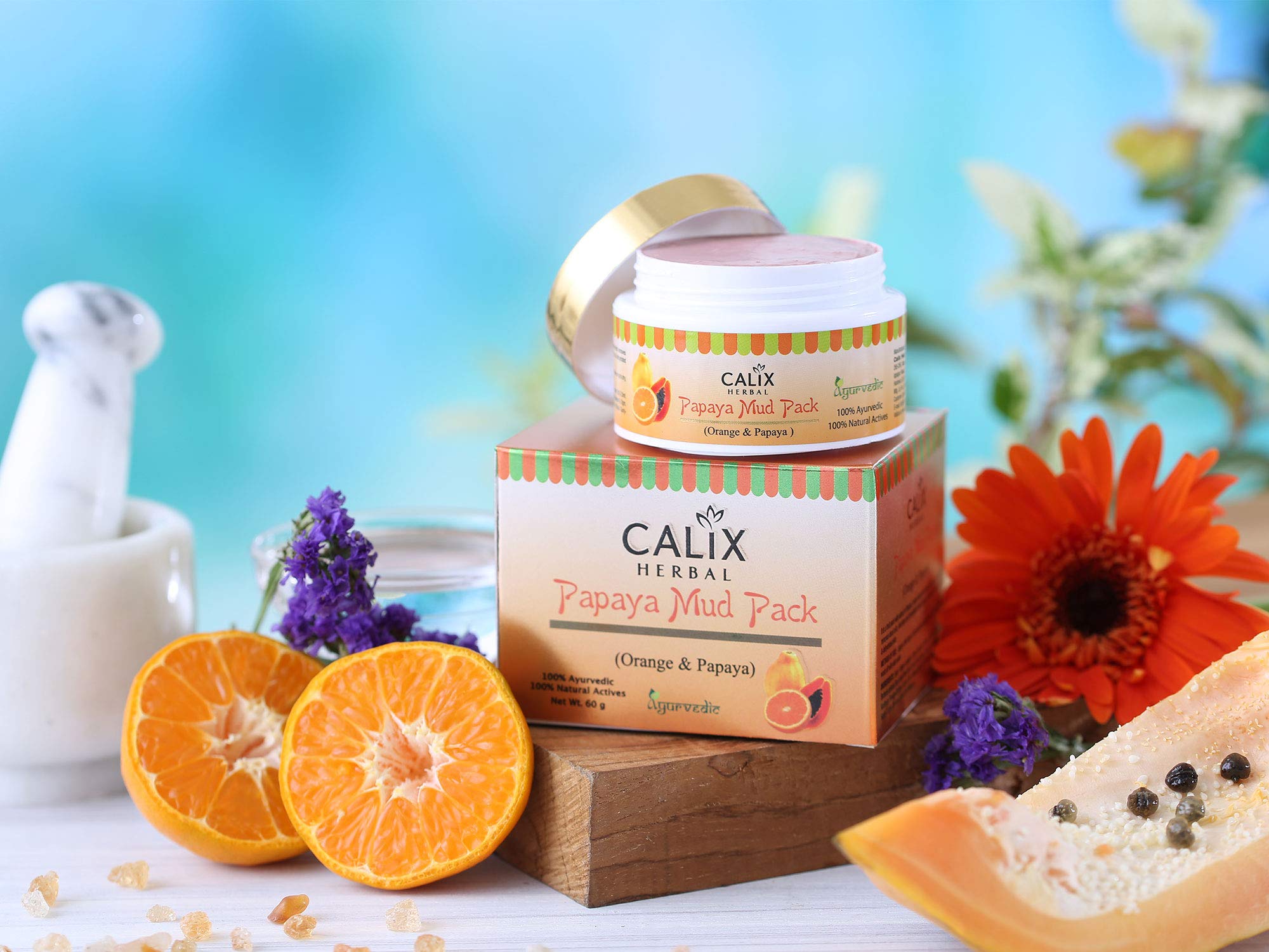 Calix Herbal Papaya Mud Mask - Exfoliating Face Scrub for Dead Skin Cells, Blemish & Pigmentation Treatment, 60g | Brightening Facial Care for Glowing Skin at Home Spa