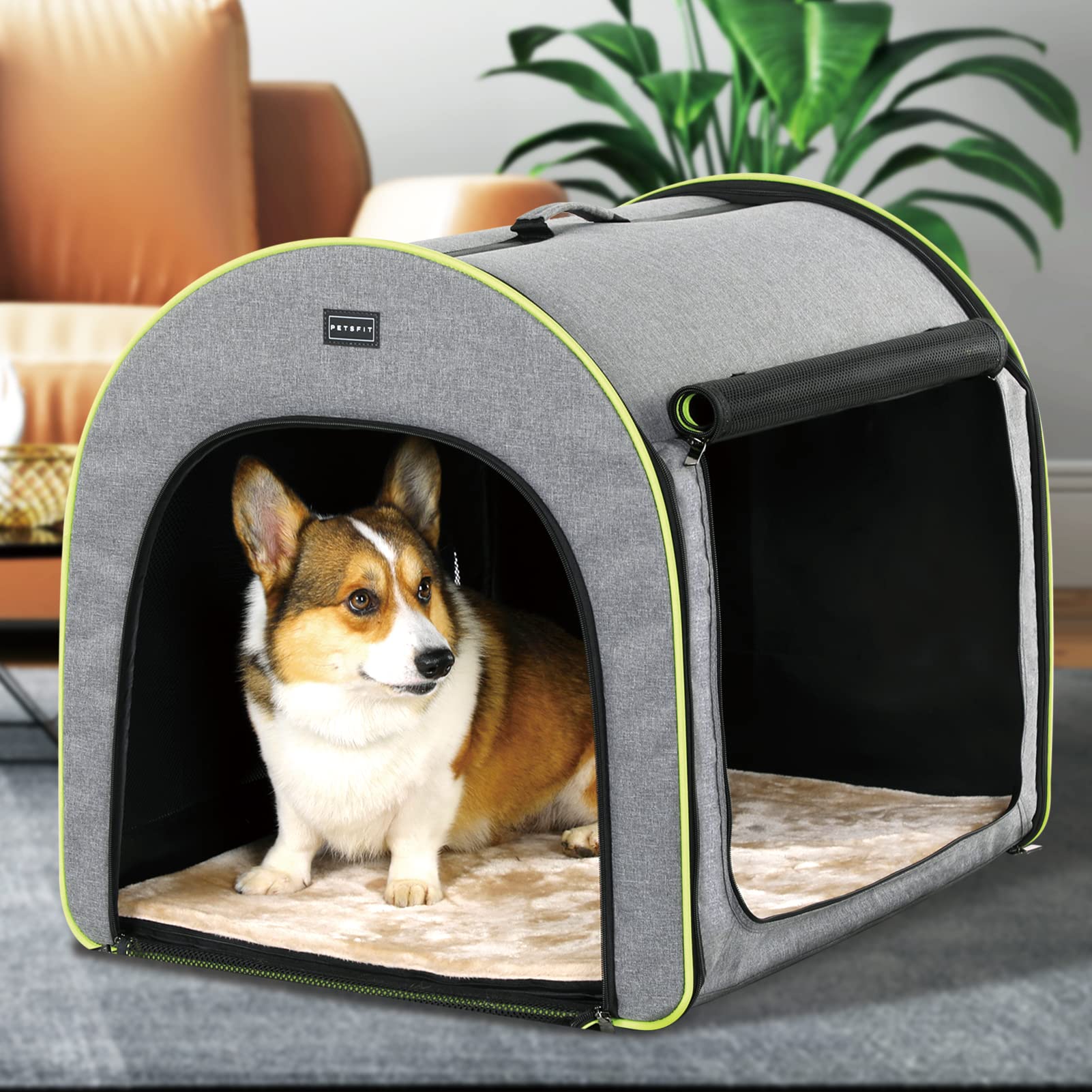 Petsfit 30 Inch Foldable Dog Crate - Lightweight Portable Travel Crate for Dogs, Easy Setup Pop Up Carrier with Thick Comfort Mat, Sturdy Gray Pet Crate for Home, Car & Outdoor Adventures