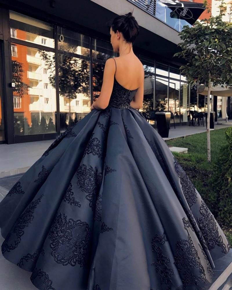 Elegant Blue Satin Spaghetti Strap Long Prom Dress with Applique for Women | Quinceanera & Princess Ball Gown | Perfect for Formal Dances, Weddings & Special Occasions