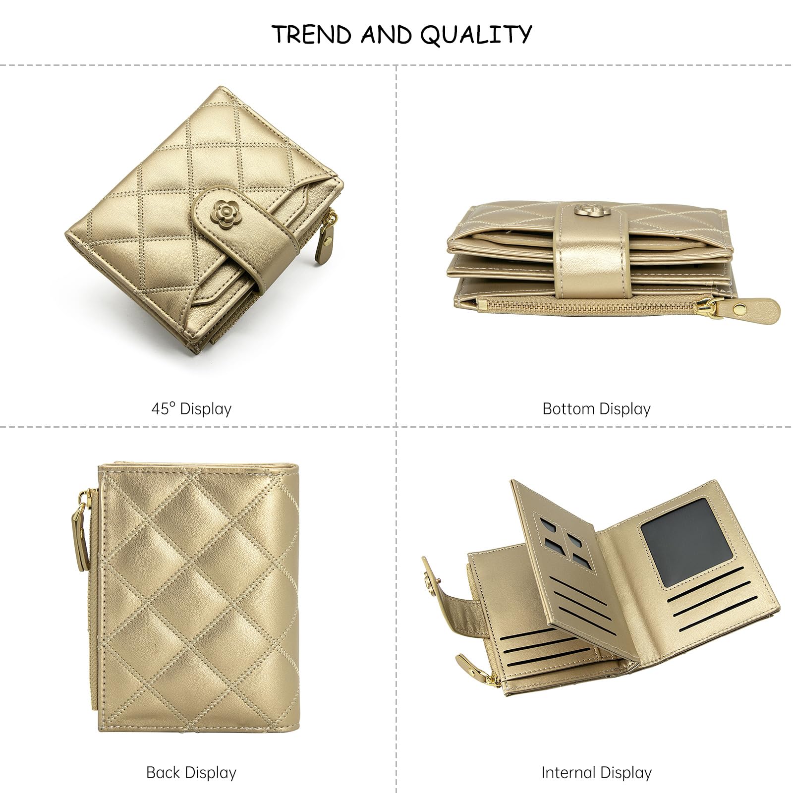 LJCZKA Vegan Leather Women's Wallet - RFID Blocking Bifold Card Holder with Zipper Pocket & ID Window for Cash, Coins & Cards (Gold) | Perfect for Travel, Shopping & Everyday Use