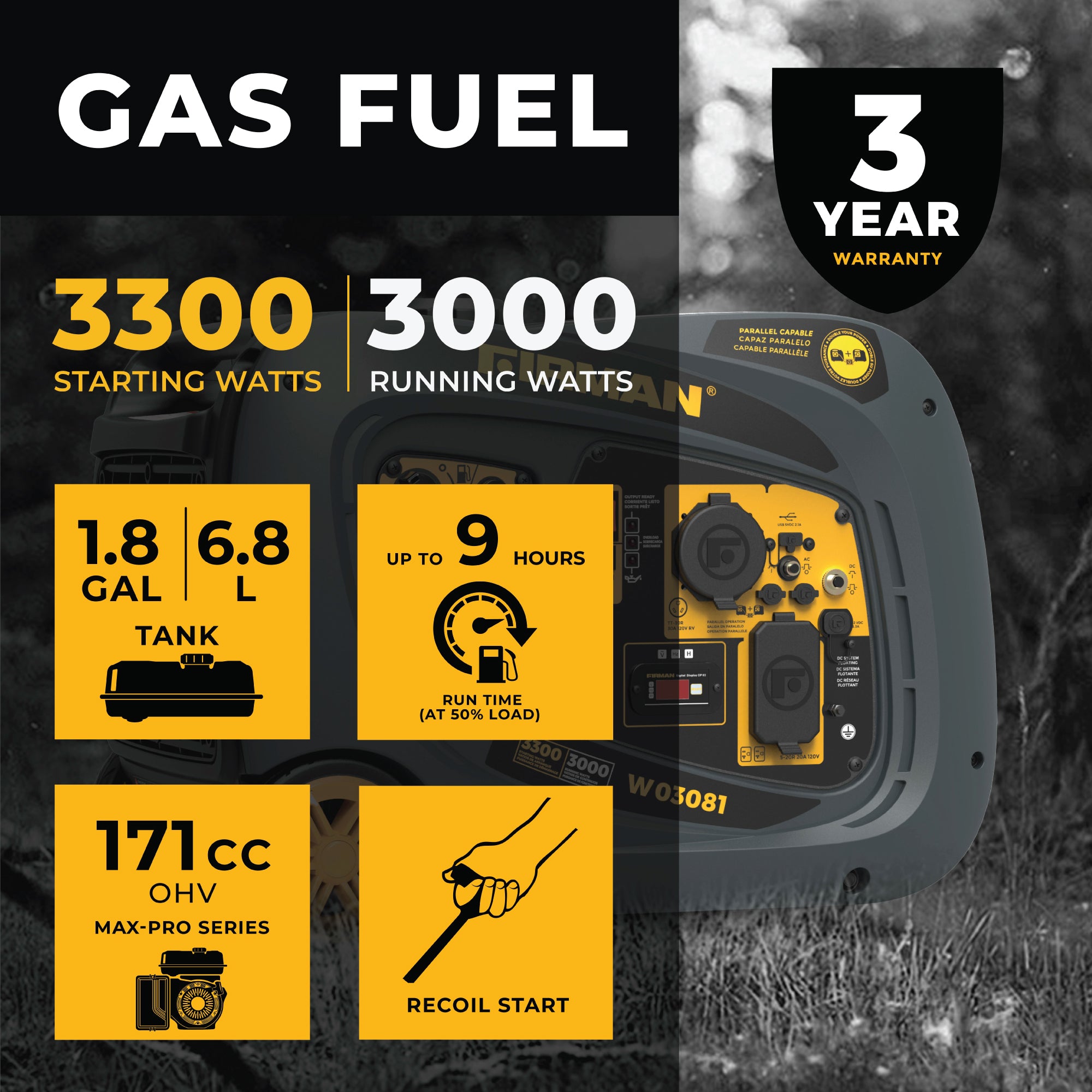 3300W Portable Inverter Gas Generator with Recoil Start - Quiet, Reliable Power for Camping, RV Trips & Emergency Backup