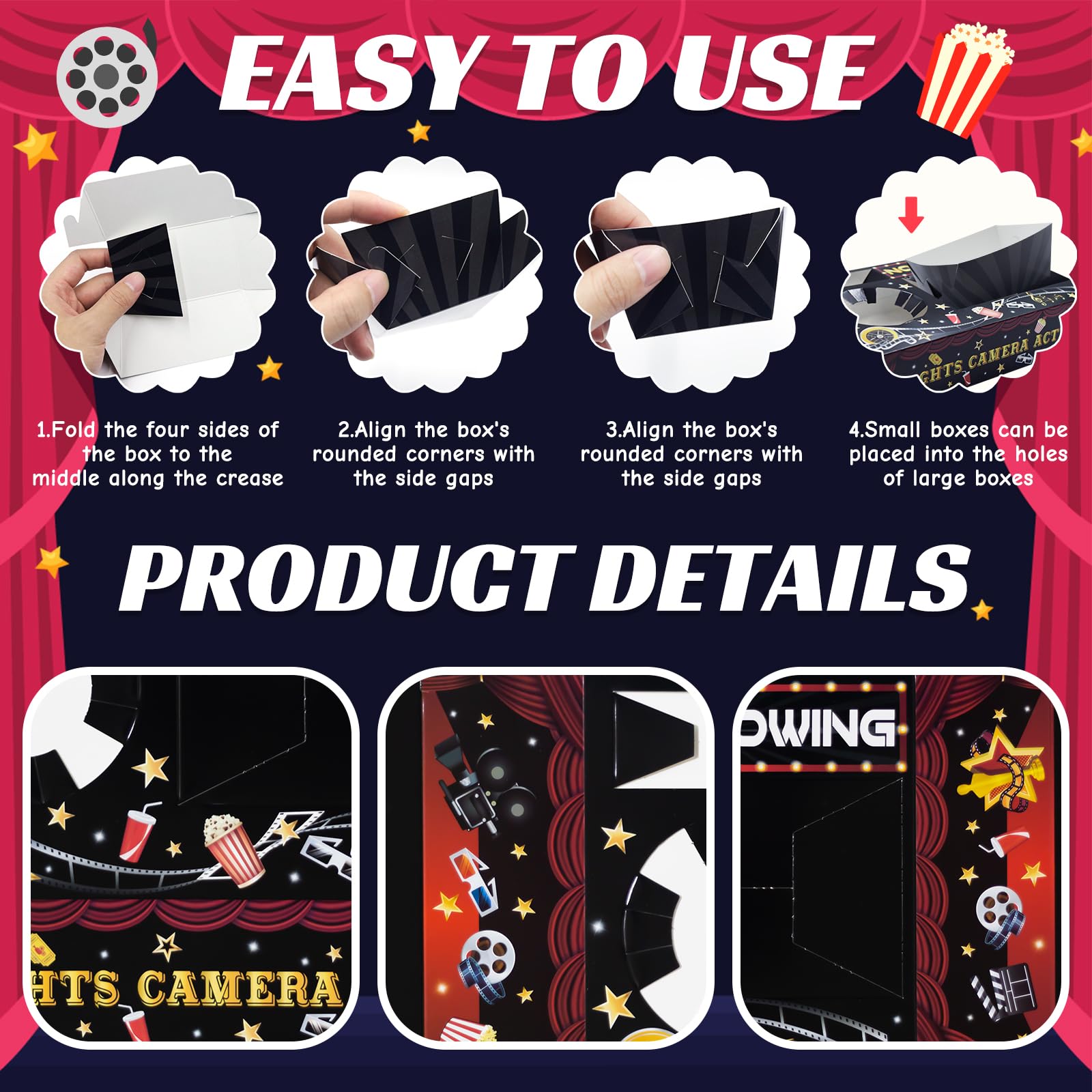 48 Pcs Movie Night Paper Snack Trays - Cinema Theme Party Supplies for Birthday, Red Carpet & Family Movie Nights - Perfect for Popcorn, Drinks & Candy - Disposable Serving Trays for Home Theater & Outdoor Movie Events