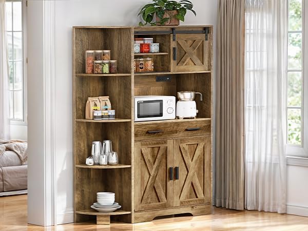 YITAHOME 67 Inch Farmhouse Kitchen Pantry Cabinet with Sliding Barn Door & Power Outlet - Freestanding Storage Hutch with Shelves, Drawers - Microwave Stand, Large Cupboard for Dining Room & Kitchen - Oak Finish - Perfect for Small Space Organization & Home Decor