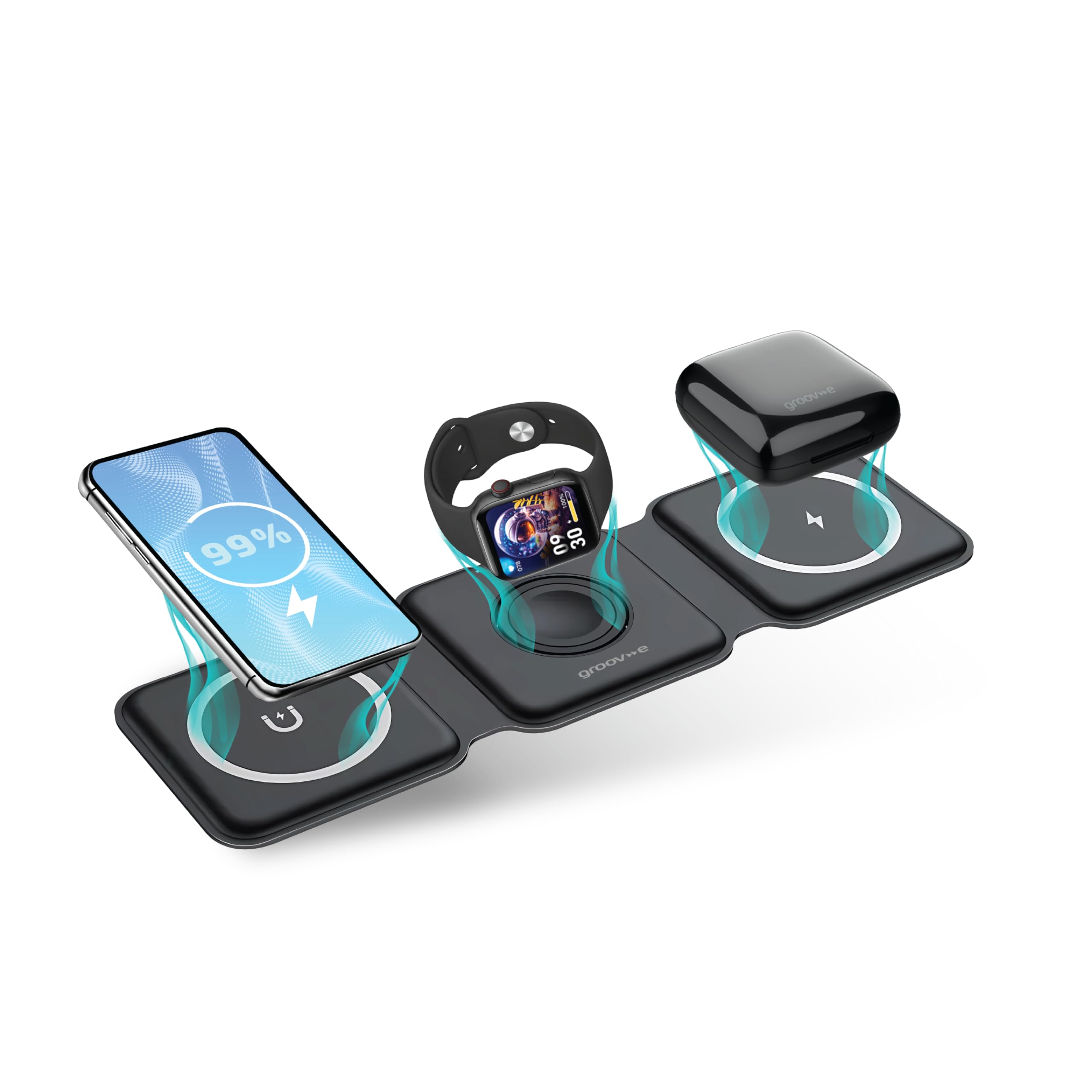 Groov-e Triton 3-in-1 Magnetic Wireless Charging Station - Fast Folding Charger for iPhone, Android, AirPods & Apple Watch | Perfect for Home, Office & Travel