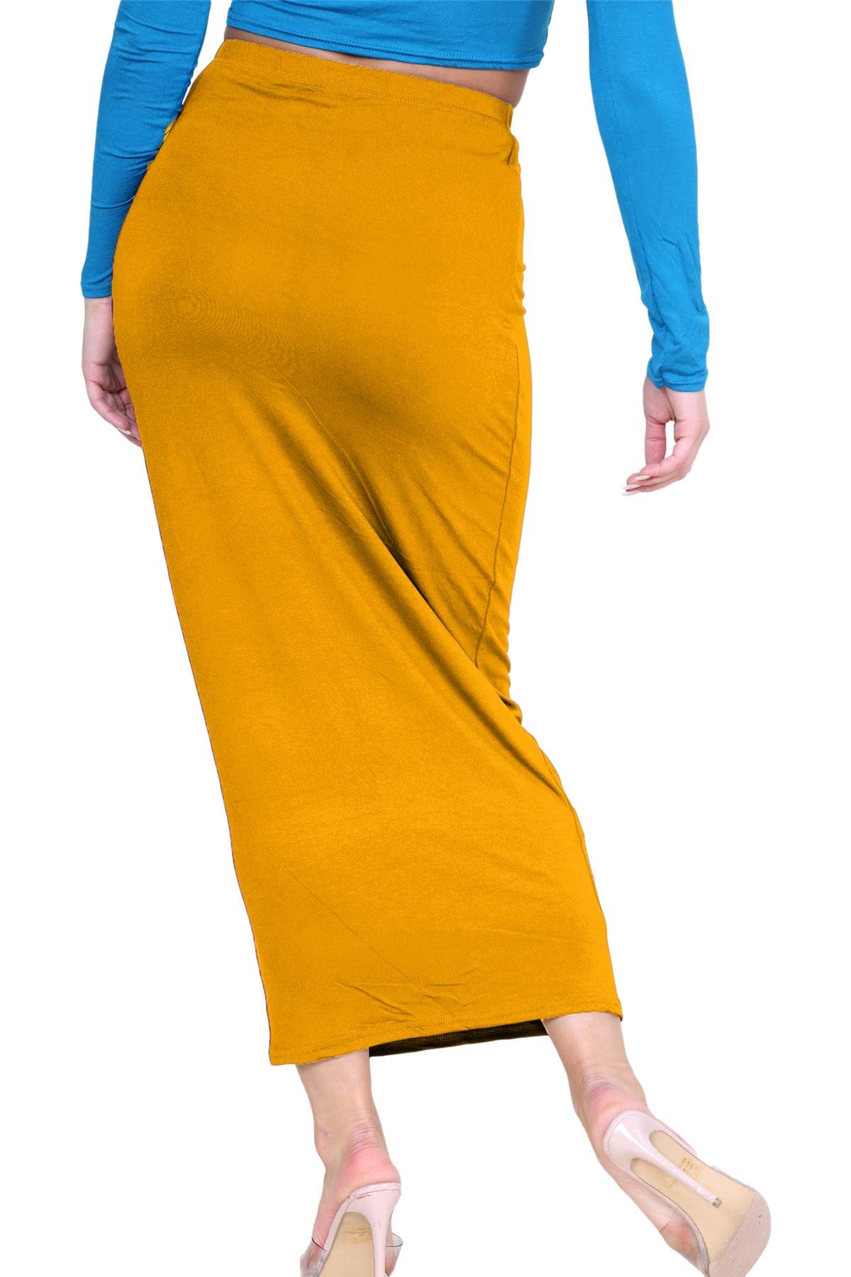 Janisramone Women's Bodycon Tube Maxi Skirt - Stretchy Elastic Waist Jersey Pencil Skirt in Mustard | Soft Summer Midi Skirt for Casual Wear, Office & Date Night Outfits