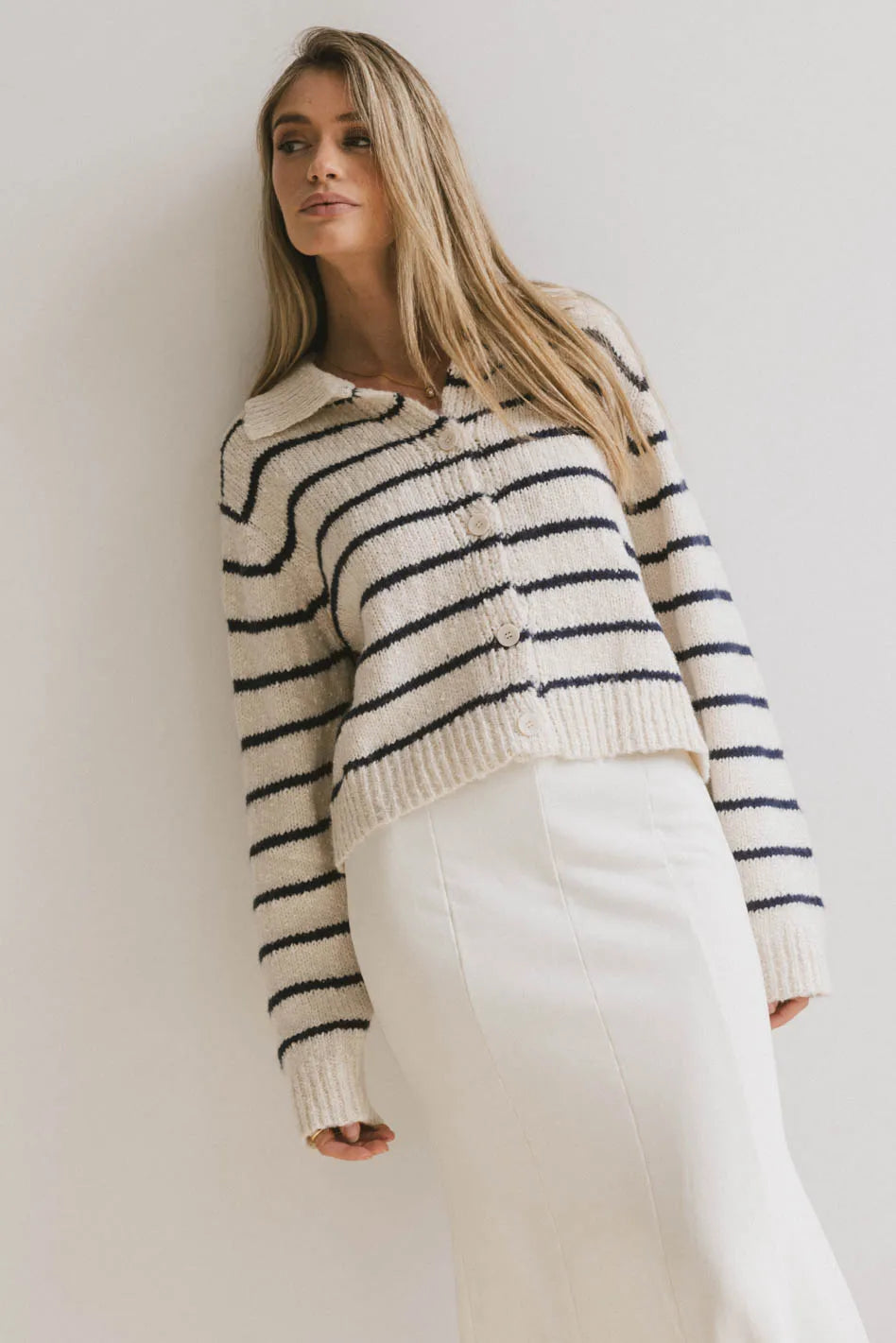Navy Blue Striped Knit Cardigan for Women - Soft & Cozy Long Sleeve Open Front Sweater - Perfect for Fall Layering, Office Wear & Casual Outfits