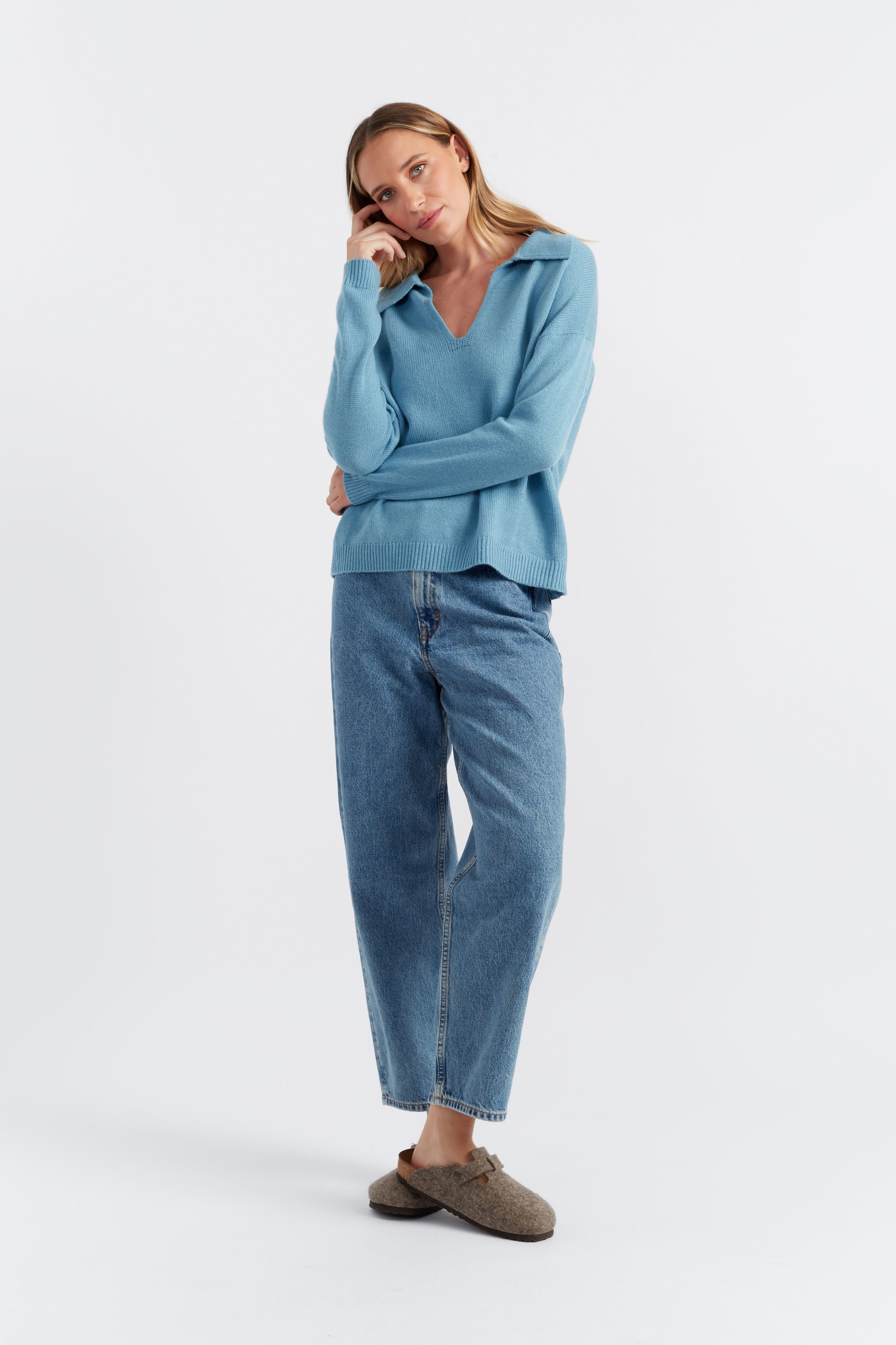Sky Blue Cashmere Sweater with Cloud Collar - Soft & Warm Winter Pullover for Women - Perfect for Office, Dates & Cozy Evenings