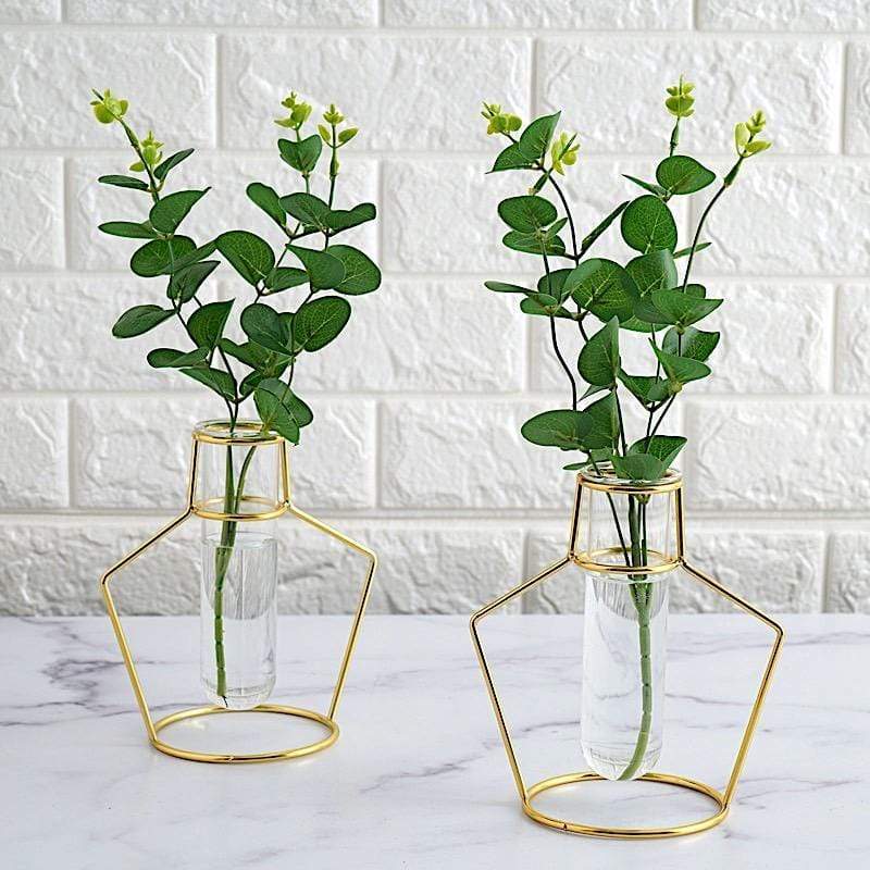 2 Pack Geometric Flower Vase Holders with Clear Glass Tubes - Gold Metal Modern Home Decor for Centerpieces, Wedding Decorations & Tabletop Displays