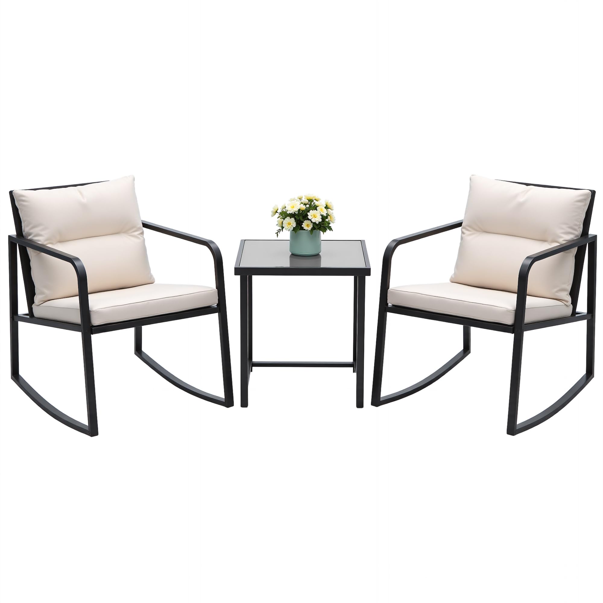 Devoko 3-Piece Wicker Patio Furniture Set - Outdoor Rocking Bistro Chairs with Glass Coffee Table, Beige - Perfect for Porch, Garden, Backyard & Poolside Relaxation