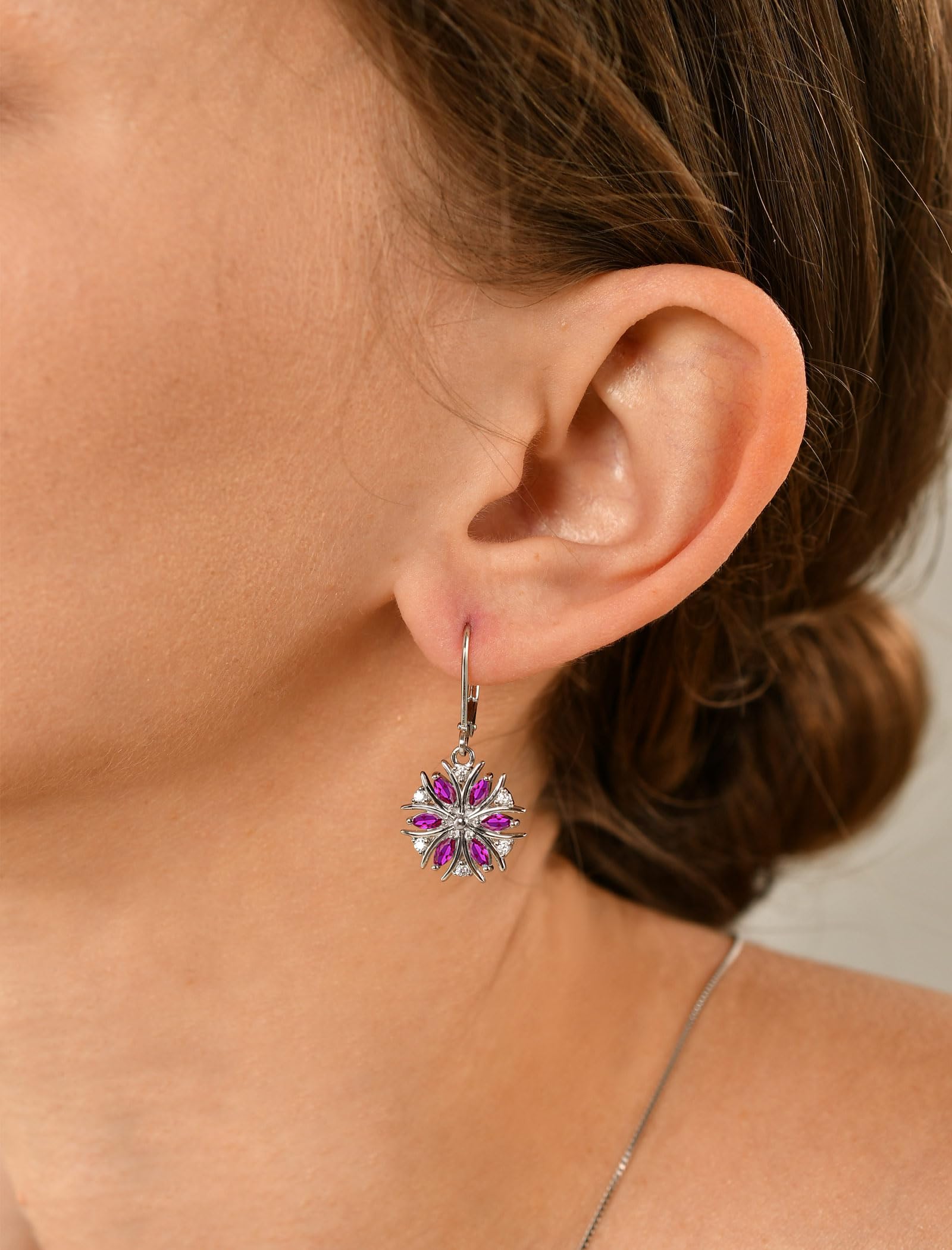 YL Sterling Silver Snowflake Dangle Earrings with Birthstone - Elegant Drop Leverback Jewelry for Women - Perfect for Christmas, Winter Parties & Holiday Gifts