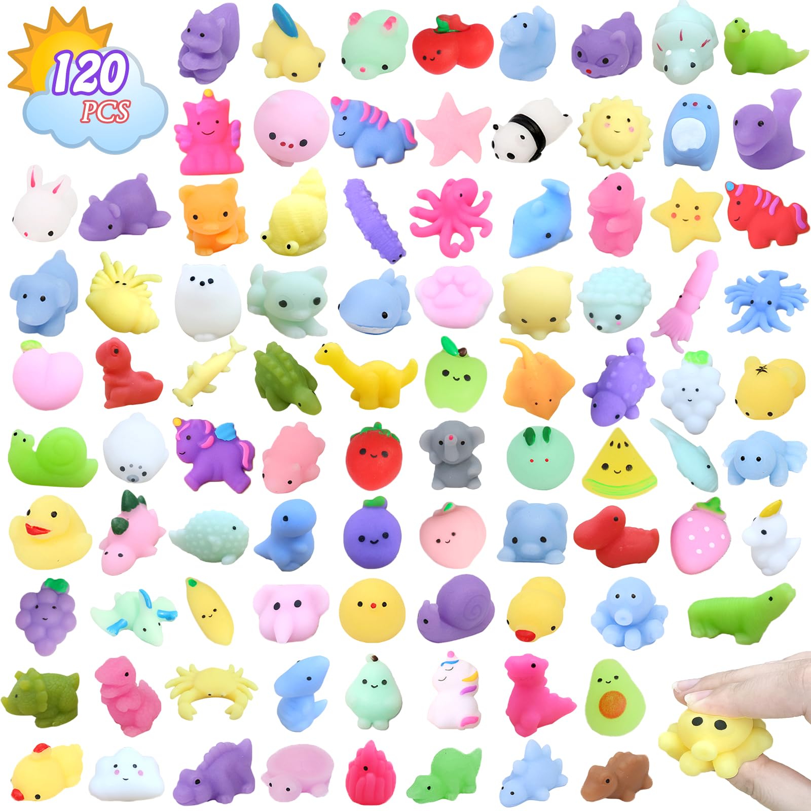 120PCS Random Mochi Squishy Toys - Kawaii Stress Relief Squishies for Kids, Party Favors, Goodie Bag Fillers, Birthday Gifts, Classroom & Carnival Prizes - Fun Sensory Toys for Anxiety Relief, Fidget Play & Relaxation